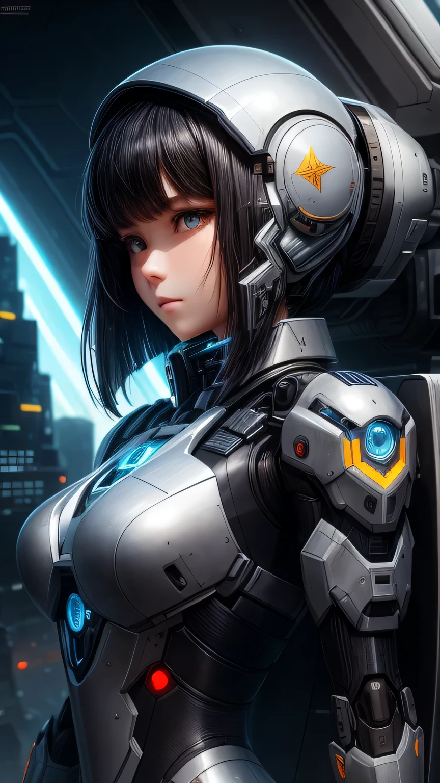 Best quality ,masterpiece, illustration, very gentle and beautiful, extremely detailed ,computer graphics ,Unity ,8K wallpaper, Amazing, finely detail, masterpiece,Best quality,Official art,extremely detailed computer graphics Unity 8K wallpaper,absurdity, incredibly absurdity, ultra detailed, a high resolution, extremely detailed,beautiful detailed girl,face the world, 1 girl, Mecha, Armor, Mechanical_Body, Black hair,  a space ship, city, cyberpunk, star_sky,  