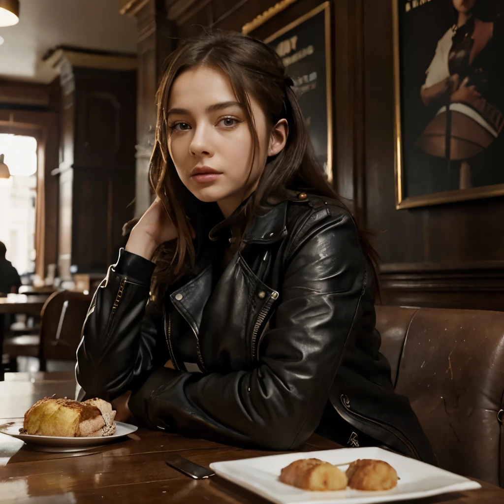 there is a woman sitting at a table with a plate of food, promotional still, charli bowater, promo still, still from alita, portrait sophie mudd, at a cafe table, mid shot portrait, an edgy teen assassin, she wears leather jacket, in a menacing pose, attractive girl, promotional image, high quality portrait, alita, handsome girl 
