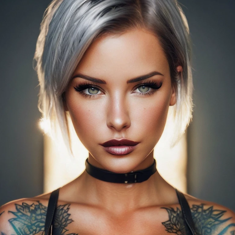 Laurence Bedard with short silver hair, her eyes are grey, full body image, (detailed beautiful eyes and detailed face, wearing leather straps and buckles, masterpiece side light, masterpiece, best quality, detailed, high-resolution illustration), (1 girl, beautiful girl, shiny skin), (full body tattoos:1.0), 