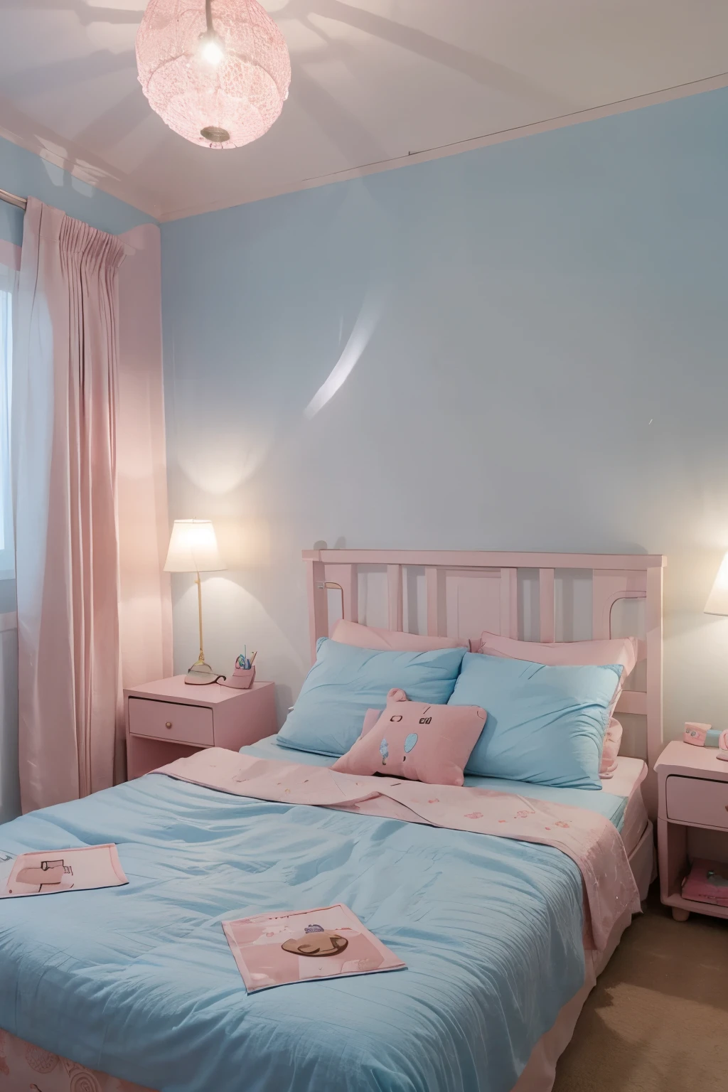 light blue and light pink room with cute staff and cute bed ,night time, no person