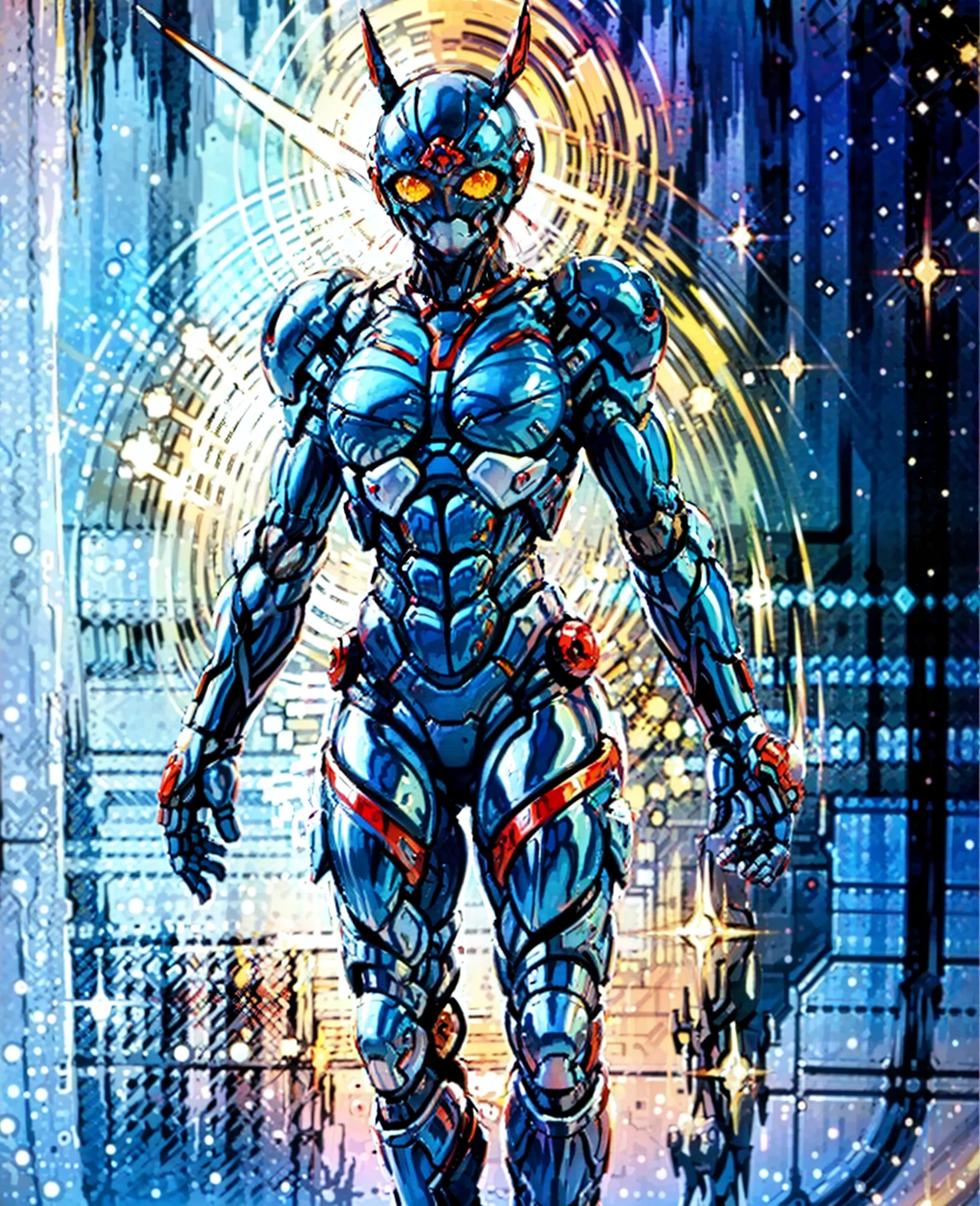 A woman adorned in fantasy-style full-body armor, a crown-concept fully enclosed helmet that unveils only her eyes, a composite layered chest plate, fully encompassing shoulder and hand guards, a lightweight waist armor, form-fitting shin guards, the overall design is heavy-duty yet flexible, the armor gleams with a golden glow, complemented by red and blue accents, exhibiting a noble aura, she floats above a fantasy-surreal high-tech city, this character embodies a finely crafted fantasy-surreal style armored hero in anime style, exquisite and mature manga art style, Queen Bee Concept Armor, ((goddess, femminine)), long legs, metallic, elegant, high definition, best quality, highres, ultra-detailed, ultra-fine painting, extremely delicate, professional, anatomically correct, symmetrical face, extremely detailed eyes and face, high quality eyes, creativity, RAW photo, UHD, 32k, Natural light, cinematic lighting, masterpiece-anatomy-perfect, masterpiece:1.5