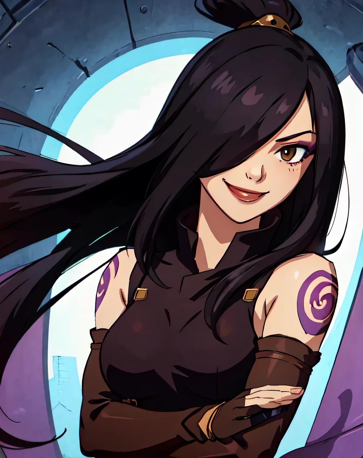 ATLAJUNE, fingerless gloves, gloves, hair over one eye, long hair, makeup, one eye covered, sleeveless, solo, tattoo, thighhighs, 1girl, solo, upper body, facing viewer, (looking at viewer:1.5), in the center, smile, smug