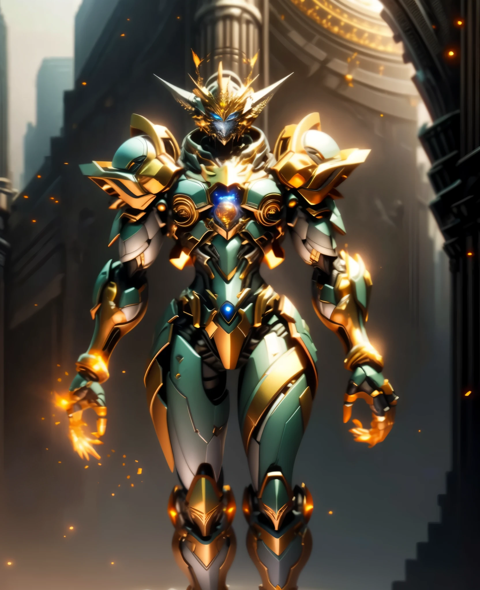 A woman adorned in fantasy-style full-body armor, a crown-concept fully enclosed helmet that unveils only her eyes, a composite layered chest plate, fully encompassing shoulder and hand guards, a lightweight waist armor, form-fitting shin guards, the overall design is heavy-duty yet flexible, the armor gleams with a golden glow, complemented by red and blue accents, exhibiting a noble aura, she floats above a fantasy-surreal high-tech city, this character embodies a finely crafted fantasy-surreal style armored hero in anime style, exquisite and mature manga art style, Queen Bee Concept Armor, ((goddess, femminine)), long legs, metallic, elegant, high definition, best quality, highres, ultra-detailed, ultra-fine painting, extremely delicate, professional, anatomically correct, symmetrical face, extremely detailed eyes and face, high quality eyes, creativity, RAW photo, UHD, 32k, Natural light, cinematic lighting, masterpiece-anatomy-perfect, masterpiece:1.5