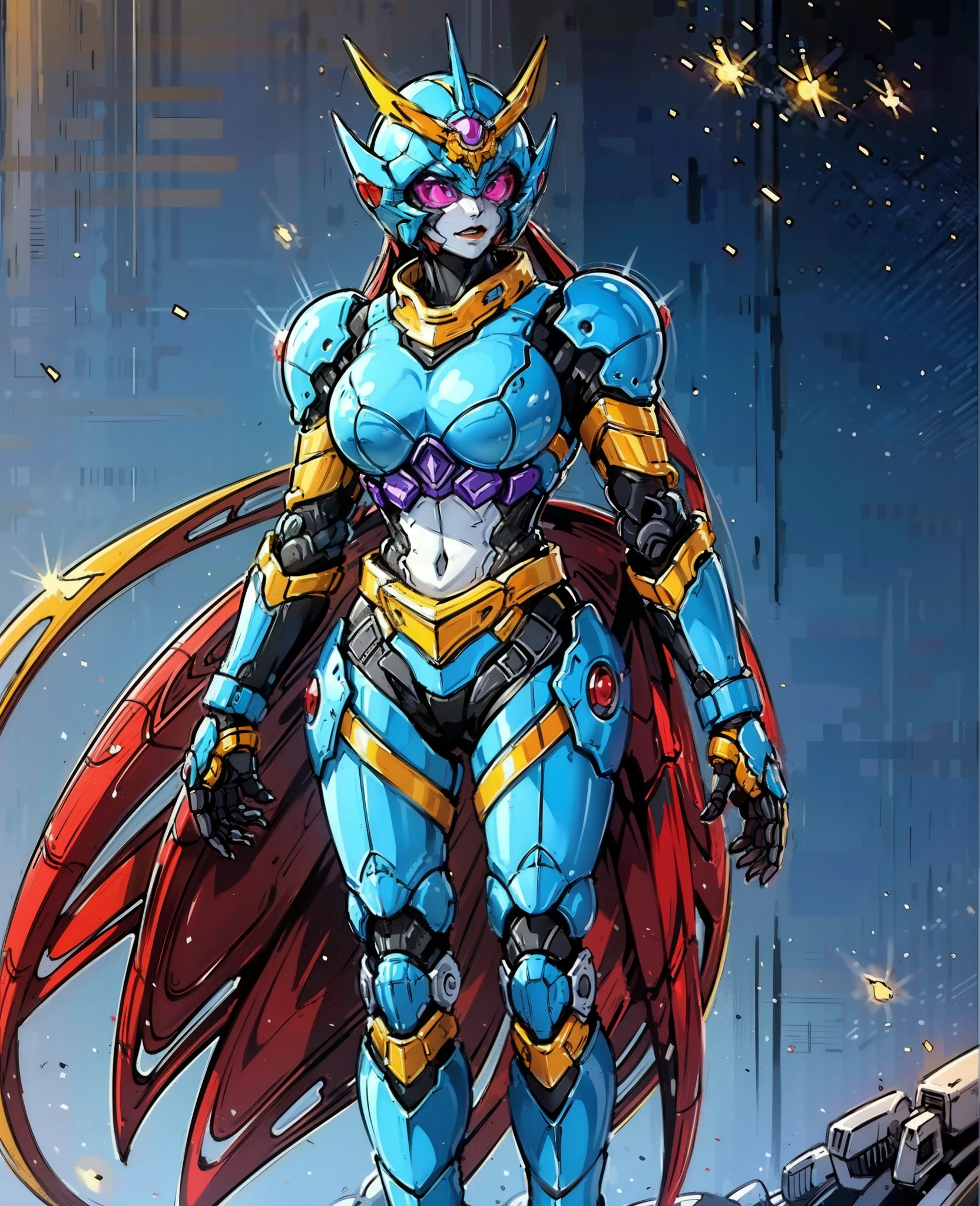 A woman adorned in fantasy-style full-body armor, a crown-concept fully enclosed helmet that unveils only her eyes, a composite layered chest plate, fully encompassing shoulder and hand guards, a lightweight waist armor, form-fitting shin guards, the overall design is heavy-duty yet flexible, the armor gleams with a golden glow, complemented by red and blue accents, exhibiting a noble aura, she floats above a fantasy-surreal high-tech city, this character embodies a finely crafted fantasy-surreal style armored hero in anime style, exquisite and mature manga art style, Queen Bee Concept Armor, ((goddess, femminine)), long legs, metallic, elegant, high definition, best quality, highres, ultra-detailed, ultra-fine painting, extremely delicate, professional, anatomically correct, symmetrical face, extremely detailed eyes and face, high quality eyes, creativity, RAW photo, UHD, 32k, Natural light, cinematic lighting, masterpiece-anatomy-perfect, masterpiece:1.5