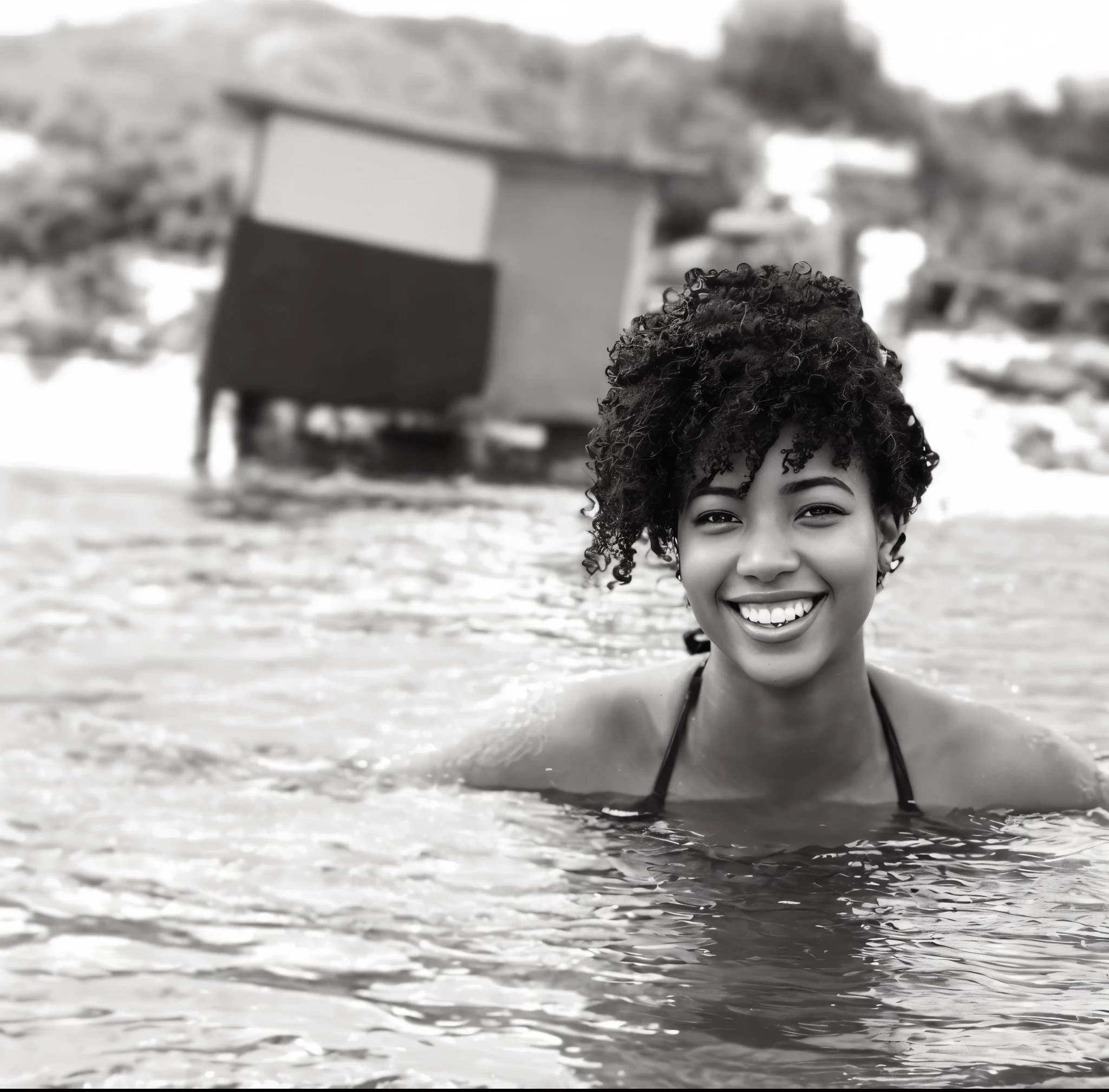 Artistic black and white photograph of a radiant Brazilian woman with light-toned African features, immersed in the gentle currents of a river. Her skin glows with a clear, soft luminescence. She sports a head of 3C kinky curly hair, each curl defined against the flowing water, epitomizing natural beauty. Her smile, wide and captivating, reaches her sparkling eyes, which convey a story of joy and authenticity. The backdrop is a masterful lens blur, creating an ethereal effect that accentuates the hyper-realistic detail of the water caressing her skin. The image is a symphony of textures, from the delicate patterns of her hair to the mirror-like surface of the water, all captured in striking high resolution. --ar 3:2 --no grain --stylize 100seconds