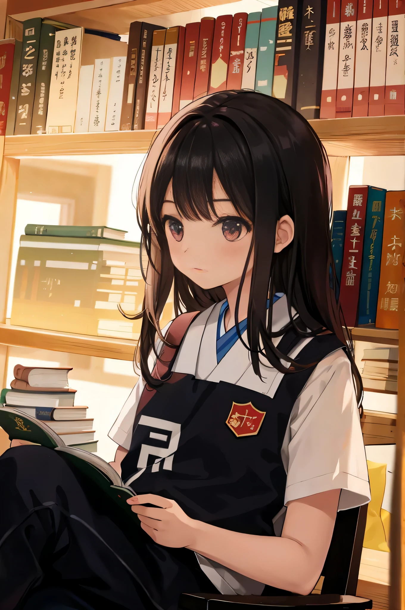 arafed asian girl sitting in a chair read a book, in library读书, student, 穿着日本student服, Qingfu, read new books, read a book, Girls wear, in library, 日本女student校服, books library study, lofi girl, Shot with Canon 80D, studying in a brightly lit room