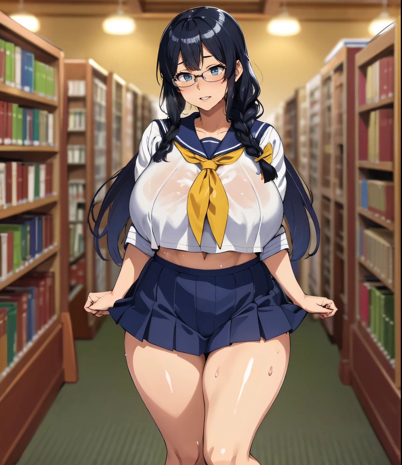 (background bokeh:1.2)、(library)、Super detailed illustrations、Super precise expression、masterpiece、highest quality、ultra High resolution、High resolution、Support your chest with your arms、(big breasts、Sweat、body fluid、shiny skin:1.4)、(black hair、long hair、Braid、Glasses、Patsun bangs)、(embarrassed face:1.5)、Standing picture、(sailor suit, Navy blue miniskirt,knee socks ), (Mommyfy)、