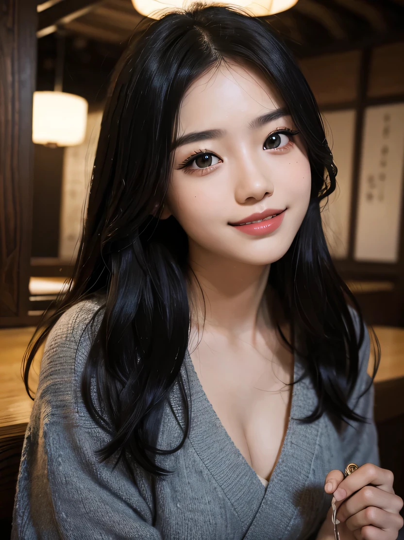 ((masterpiece、highest quality、genuine、Super detailed、High resolution、realistic、sharp focus、Live shooting、cinematic lighting))、Portrait of beautiful woman、high contrast、bust shot、focus from the chest up、put on makeup、blush、embarrassing、bright smile、black eye、Natural textures、loose black hair、rich colors、Fine skin texture、A simply dressed、detailed fabric texture、detailed hand drawing、Inside a Japanese izakaya、view audience