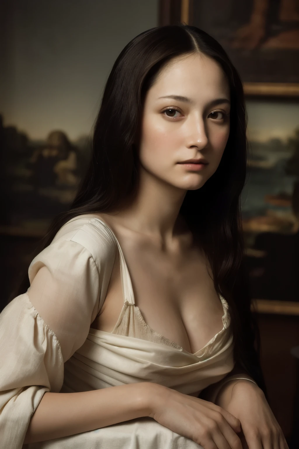 Depraved Mona Lisa in kneeling pose, ( looking at viewer:1.5), high definition, best quality, ultra high res, (photorealistic:1.5), (Skin reflection:1.3), RAW photo, physically-based rendering, shiny skin, curvy