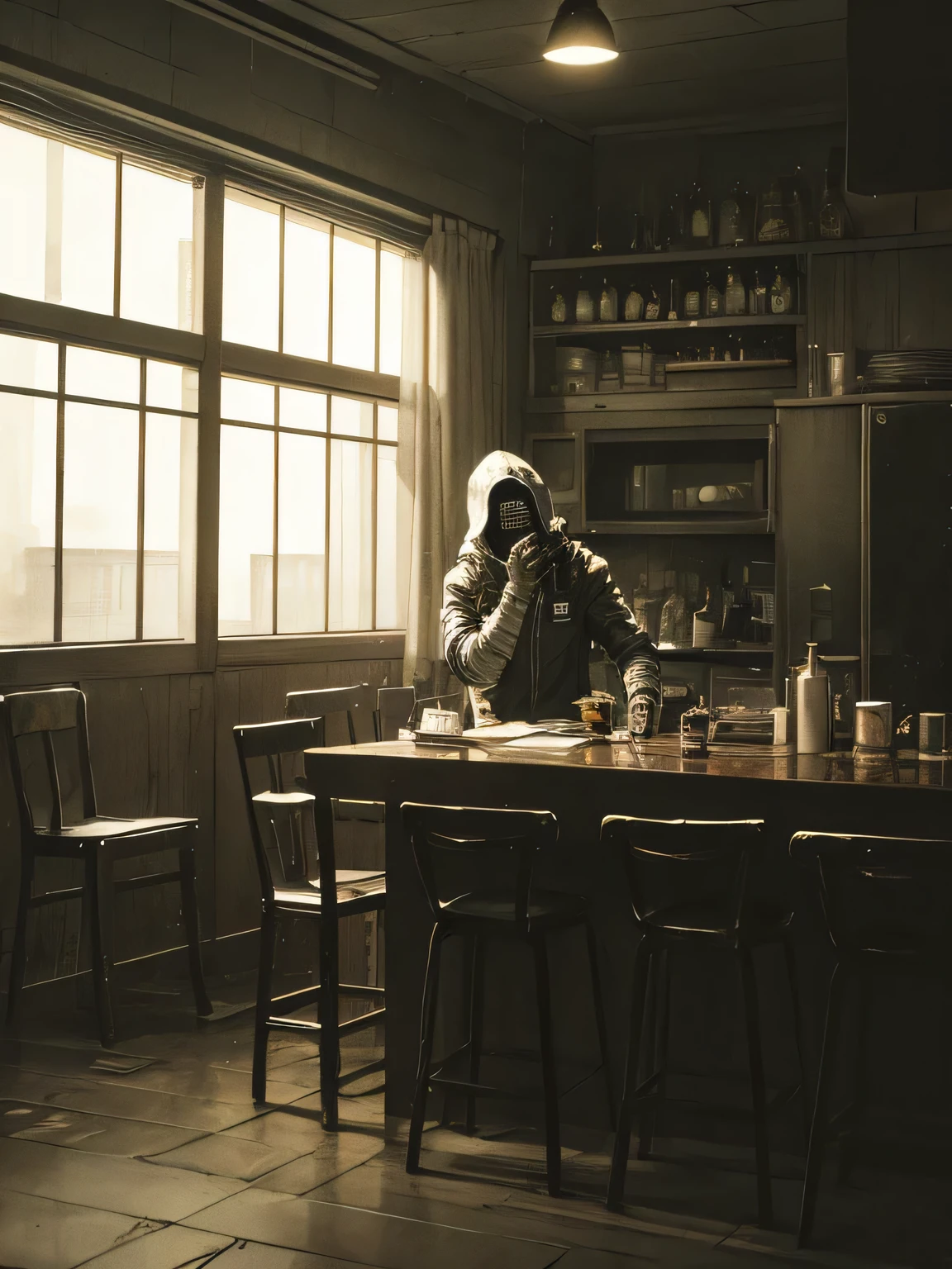 ((dark tentacle biopunk art)), ((horror tentacles)), full face, man with covered face, Face in bandages, Black sunglasses, shoulder pads, leather gloves, closed jacket, two shields in hands, (cold light), black oil liquids, dark empty tavern refuge, Gloomy Kitchen, A few chairs, drawers and cabinets, boarded up windows, dark fantasy environment, very detailed art, very detailed background