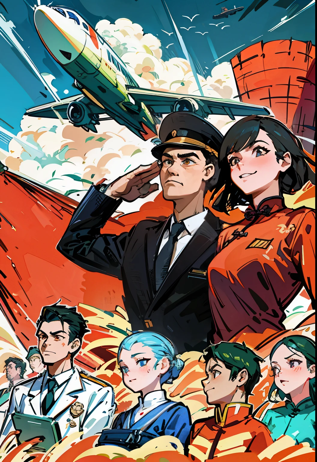 (masterpiece), (best quality), (Exquisite details), poster, Chinese , Wide-angle lens, Everyone laughs happily,a group of people, Chinese, civilian, One-piece suit, firm expression, laugh happily, Half-naked arms, passing flyer, gear, sky with passenger plane, Chinese Red Flag, (Red) Flag with gear and Wheat Print, city View, architecture, High-speed rail trains, manifesto, Chinese,