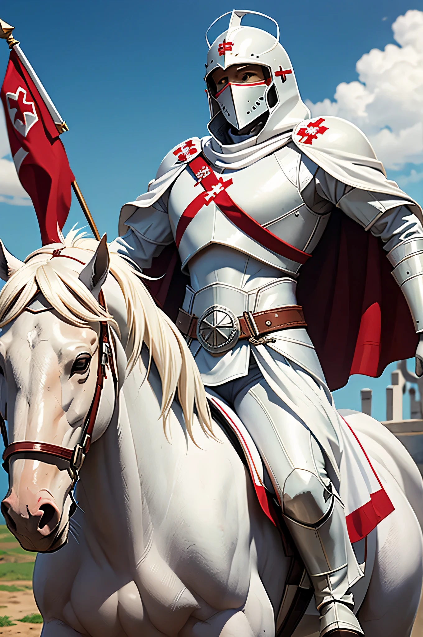 Templar knight on a white horse. white cape, helmet. longsword. red cross.