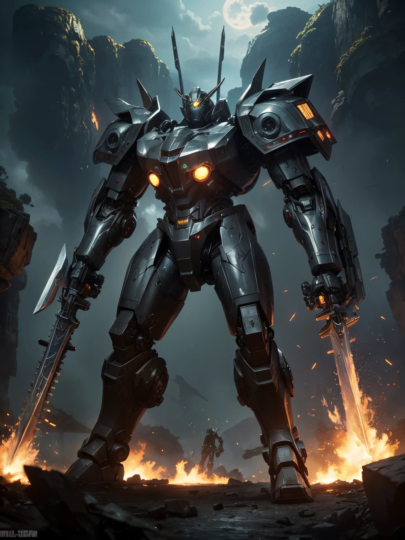 8K、master piece、highest quality、highest level、Highest image quality、muste piece、intricate details、high resolution、depth field、Natural light、professional lighting、A mecha warrior is moving through a tropical jungle in another world.、crossing the river、(Science fiction)、The height of the mech warrior is a jungle tree々higher than、Metal skeleton and armor parts、It has a reactor on its back、A form composed of curved surfaces、(Painted with a camouflage pattern)、((Destroy enemies with the huge chainsaw-shaped sword in your right hand.))、(The head has an optical camera, sensor, and smoke discharger.)、(The undercarriage has a rugged and sturdy structure)、((Dynamic and powerful composition like an action movie))、(The remains of the enemy&#39;s mechs you fought are scattered)、(A huge aerial battleship overhead is firing.)、