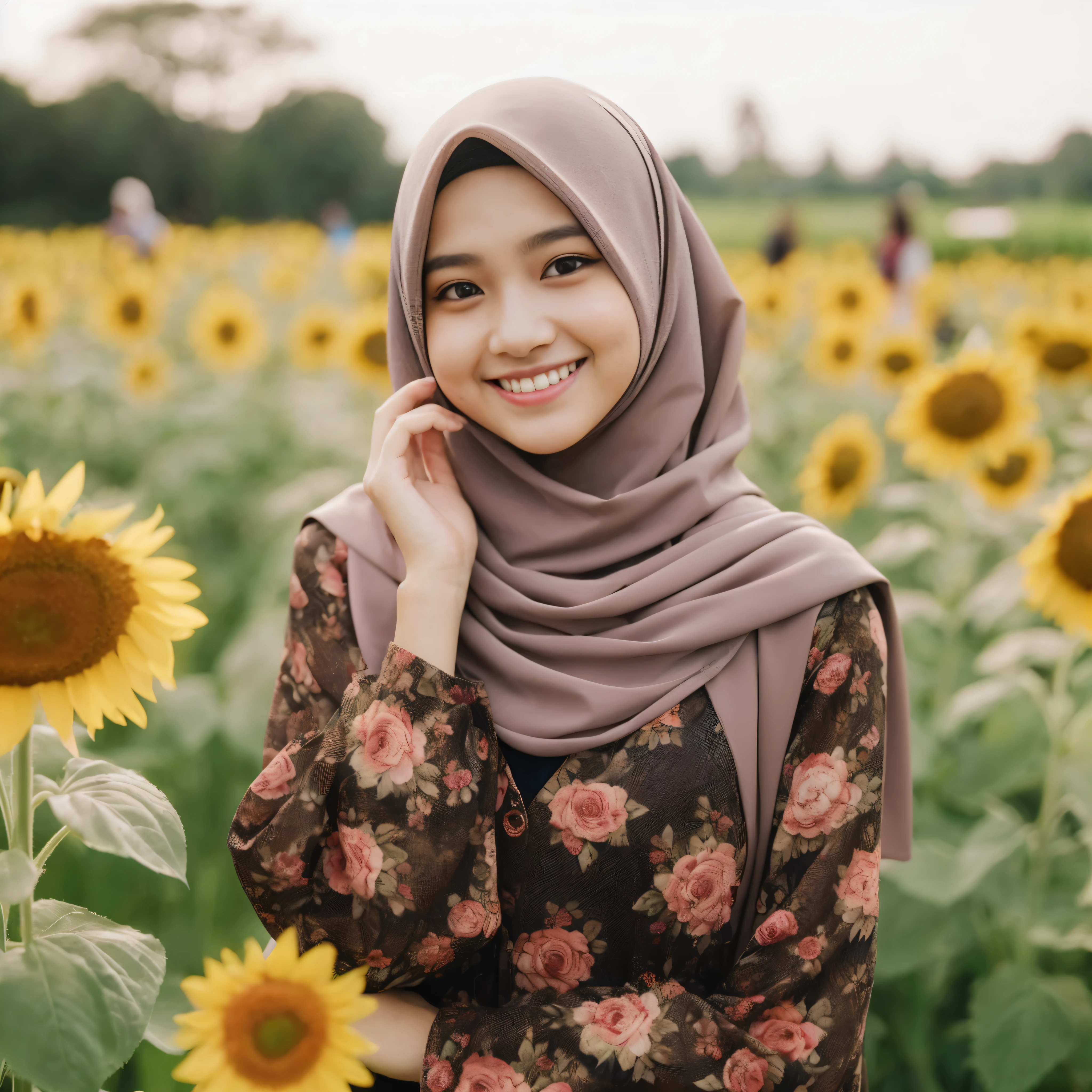 masterpiece of a 15 year old girl (Indonesian), wearing a hijab, wearing matching fashion, smiling, daylight, atmosphere in a sunflower garden, focus, taken with a Sony A7 mark V camera, 35mm f/2.8 fixed lens, realistic, photo shot