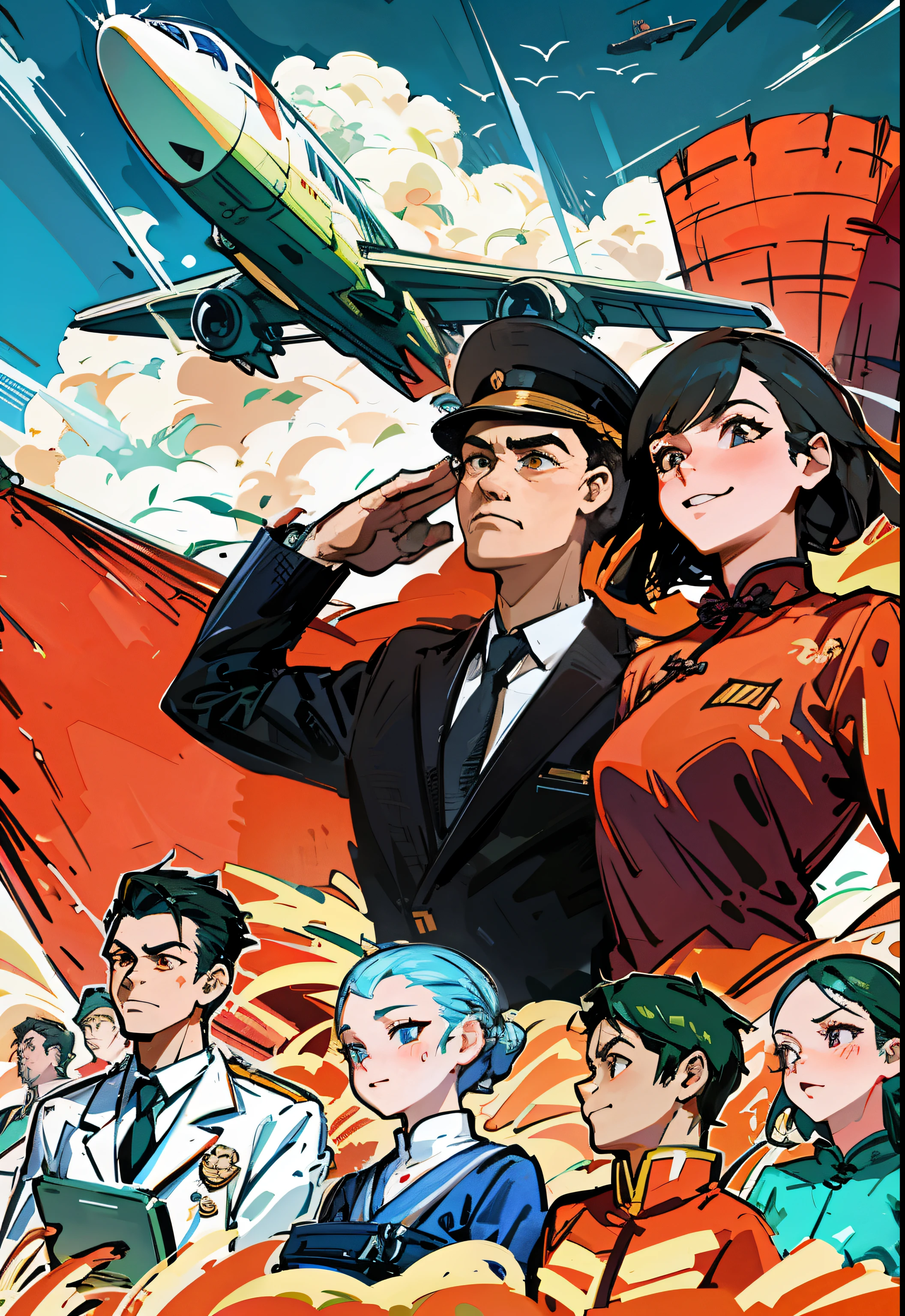 (masterpiece), (best quality), (Exquisite details), poster, Chinese , Wide-angle lens, Everyone had a great laugh,a group of people, Chinese, civilian, One-piece suit, firm expression, smile happily, Half-naked arms, passing flyer, gear, Sky and passenger plane, Chinese Red Flag, (Red) Flag with gear and Wheat Print, city View, architecture, High-speed rail trains, manifesto, Chinese,