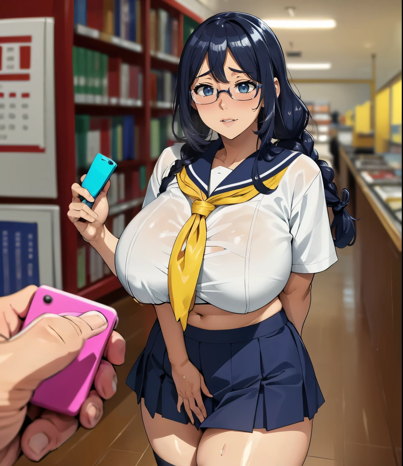 (background bokeh:1.3)、(library)、Super detailed illustrations、Super precise expression、masterpiece、highest quality、ultra High resolution、High resolution、Support your chest with your arms、(big breasts、Sweat、body fluid、shiny skin:1.4)、(black hair、long hair、Braid、Glasses、Patsun bangs)、(embarrassed face:1.5)、Standing picture、(sailor suit, Navy blue miniskirt,knee socks), (Mommyfy)、((remote controller, remote control,))