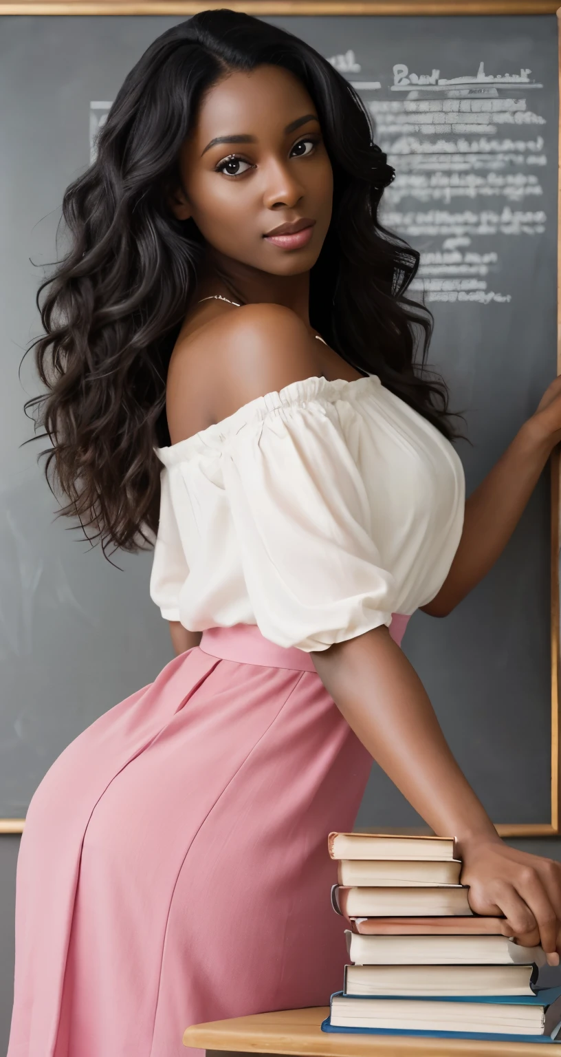 high resolution, natural lighting, vibrant colors, photorealistic, soft background, realist style, artistic portrait, blackboard in the background, dark skin mature lady wearing a pink dress with white top, confident expression, precise facial features, long wavy black hair, expressive eyes, delicate makeup, attention to skin tone, detailed hands holding the books, realistic rendering of the textures, emphasis on the beauty of the subject.