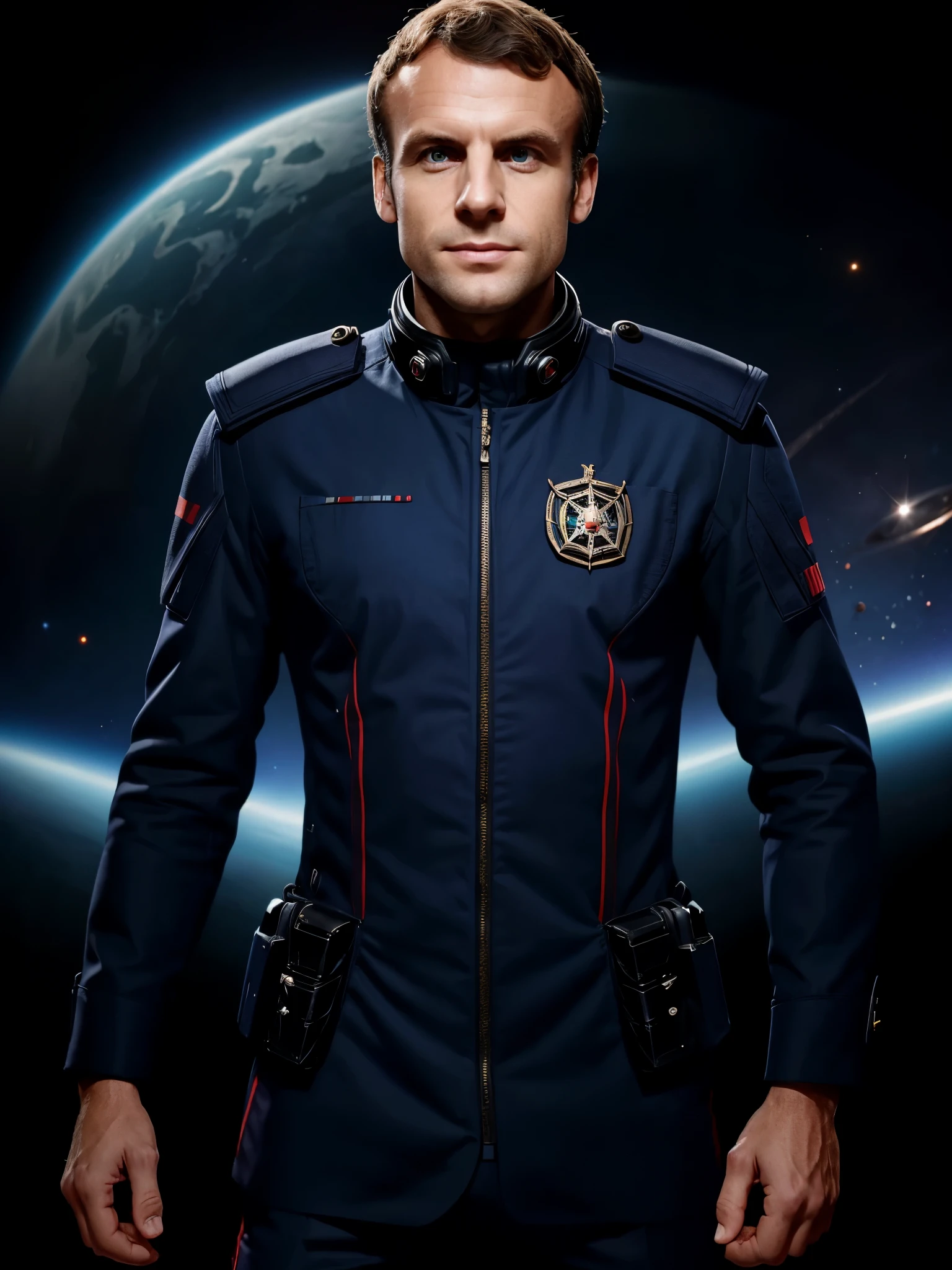 Emmanuel Macron, sci-fi, magistrate, space, smart-looking, beautiful, nice facial proportions, thin beard