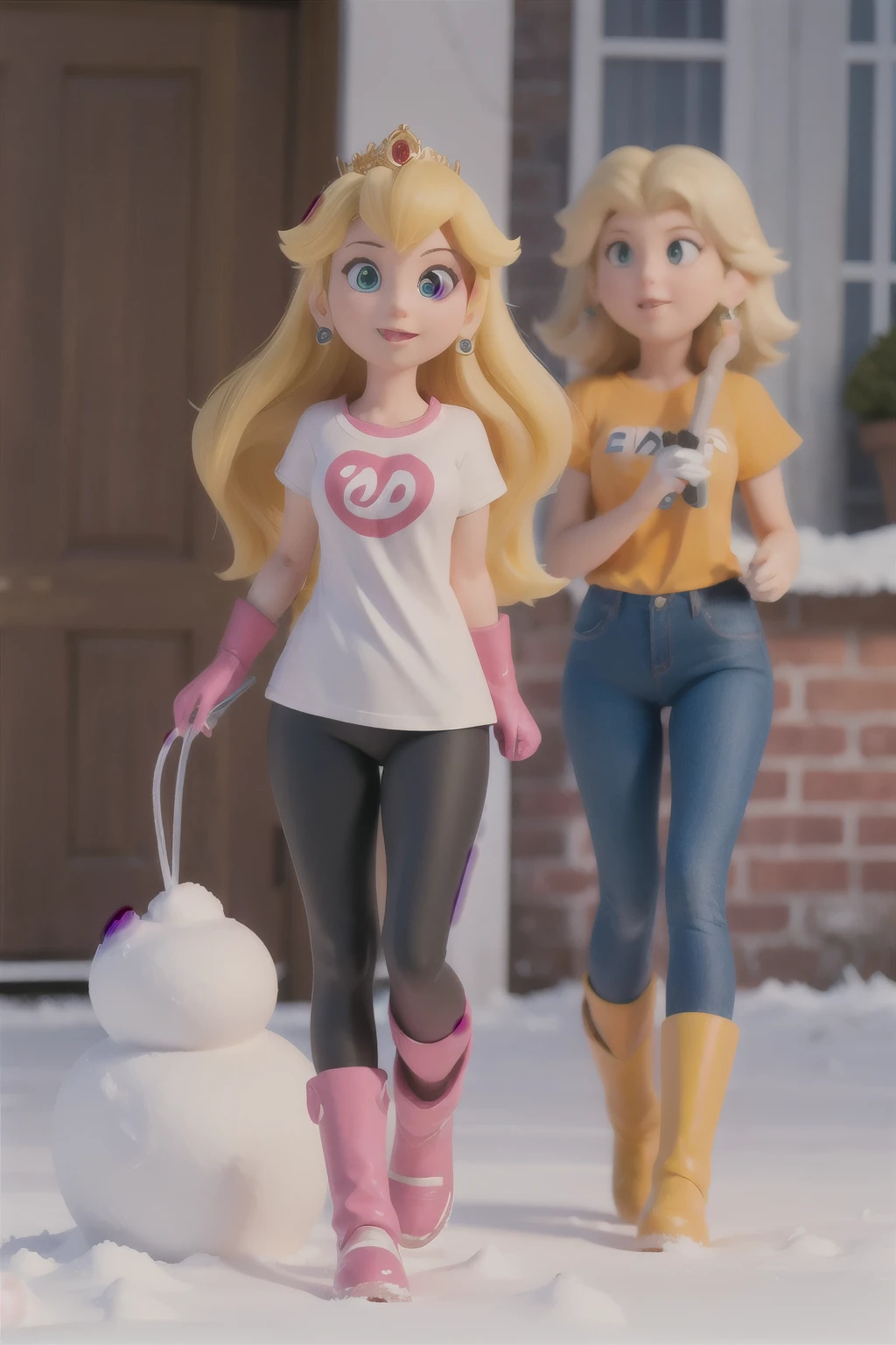 ((Mejor calidad)), ((obra maestra)), (detallado),princess peach,leggings,t shirt,snow boots