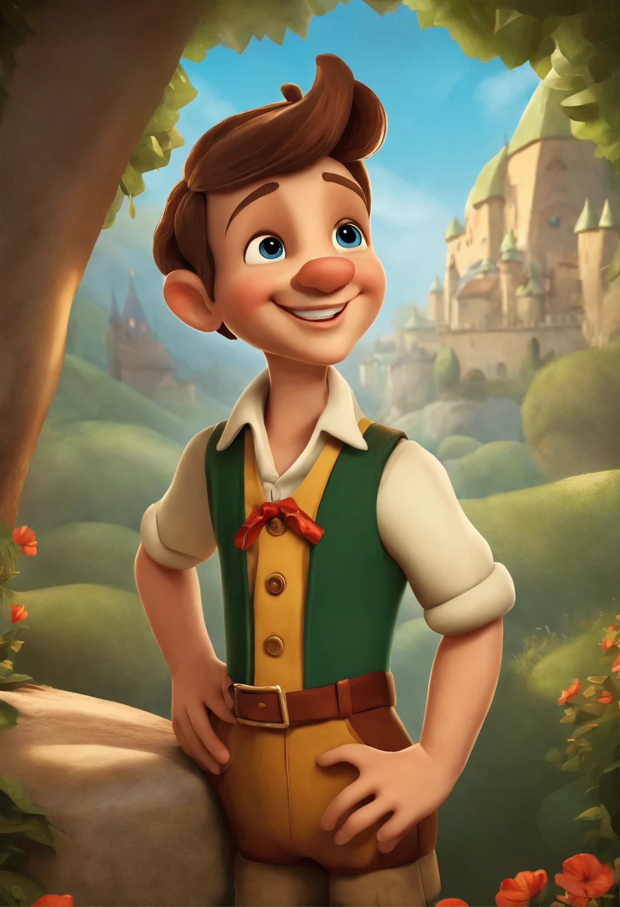 I want a cute cartoon character that looks like Pinocchio without the long nose and wearing a suspender and a straw castle