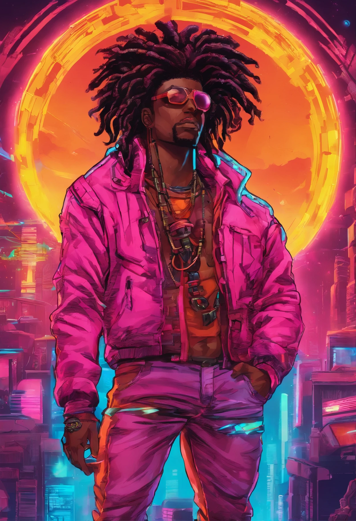 Homem jovem, roupas estilosas, cabelo curto preto, musculoso, black man, huge afro braided dreadlocks.