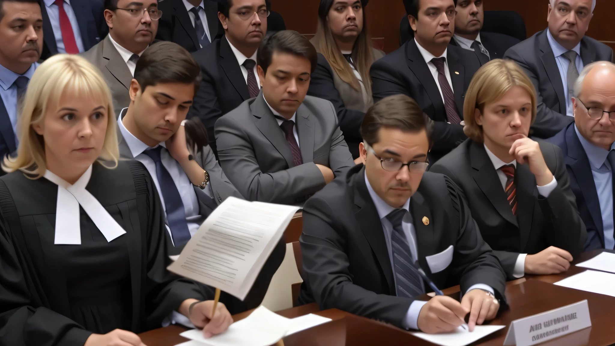 An arrow points to the floating paper with the message "convinced the court." several people sitting at a table with papers and papers, audience in the background, they are very serious, court session images, subtitles, sitting at a court hearing, in the background, interesting background, cover shot, photo from a spectator, meme template, very powerful, jury, very intense, ominous figure in the background, very clear picture, memes