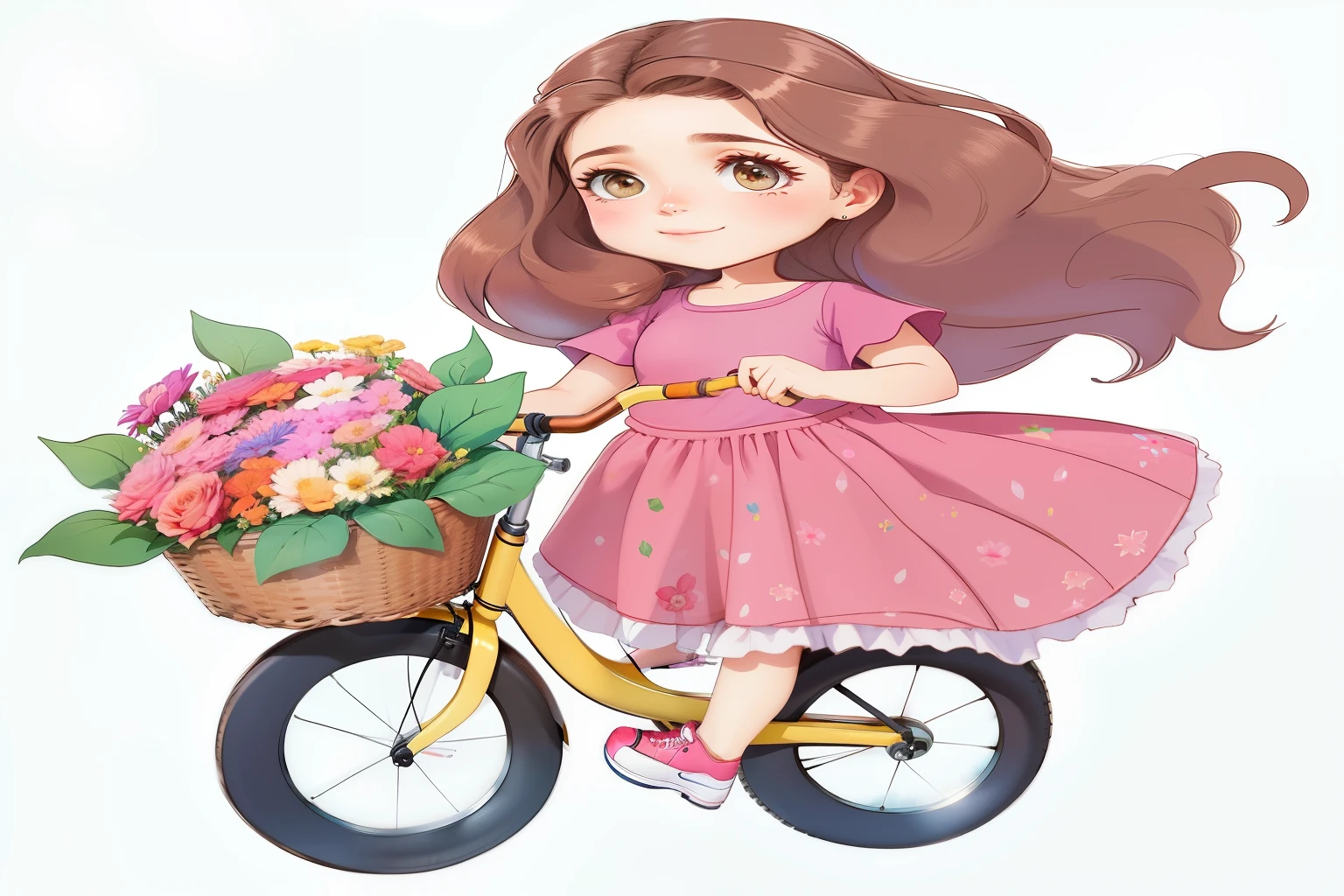 there is a drawing of a girl andar de bicicleta with a basket of flowers, bicicleta, ciclismo!!, inspirado em Claire Hummel, andar de bicicleta, linda garota, caricatura, Rosa, por Maria Anjo, anda de bicicleta, temporadas!! : 🌸 ☀ 🍂 ❄, Mulher fofa, Bela , com flores, Aquarela, em estilo cartoon