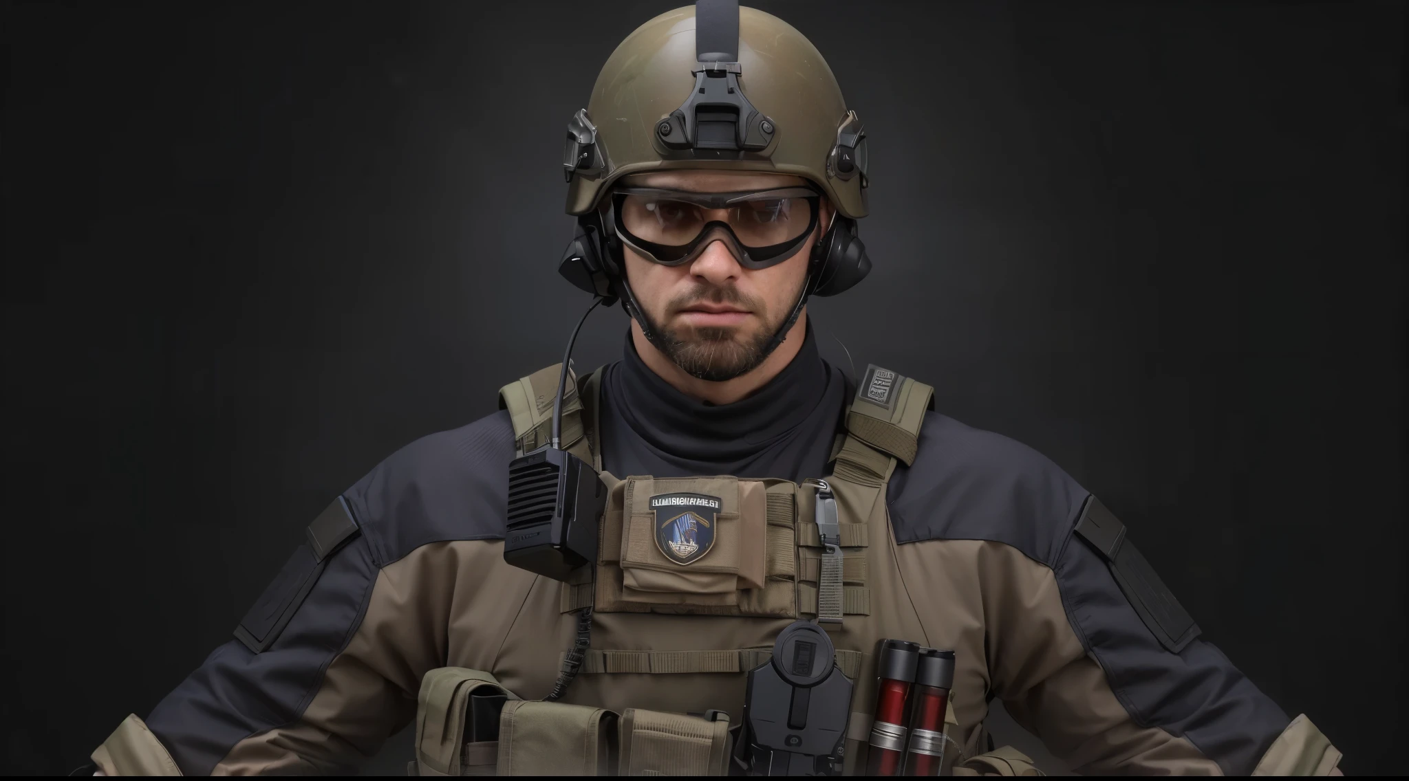 (masterpiece),(best quality:1.0),(ultra highres:1.0), closeup, 1 man , special forces, serious look, face focus, beard , tactical helmet, clear lenses, microphone, wallpaper 8k, full body