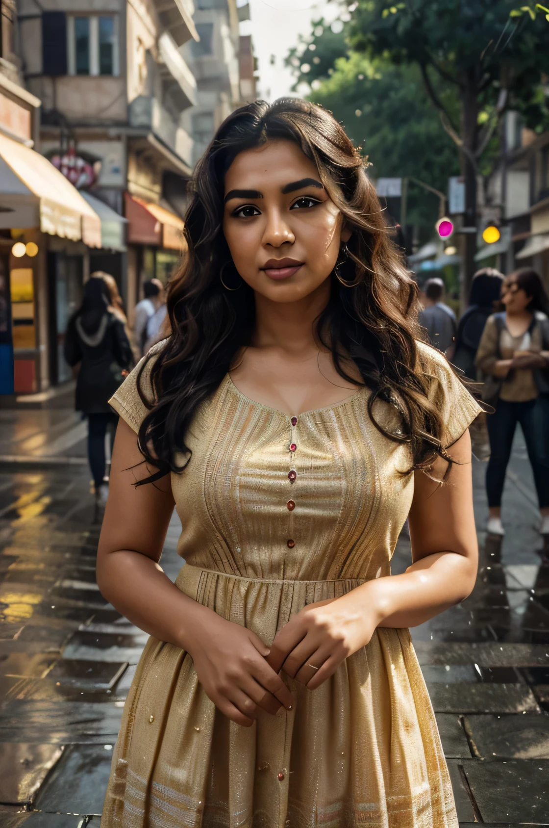 ultra-realistic photographs,Indian Instagram female model,mid 40s,9:16,mid-shot round face, chubby cheeks,beautiful detailed small eyes,detailed lips, small eyelashes ,black wavy and curly hair, naturally full eyebrows,perfectly formed nose,expressive face,attractive appearance,candid photo,vibrant and colorful frock, golden hour street background, serene atmosphere,stunning architecture,soft and natural lighting,vivid colors,photorealistic,HDR,highres,studio lighting,ultra-detailed,bokeh,fully covered clothes, dancing in rain