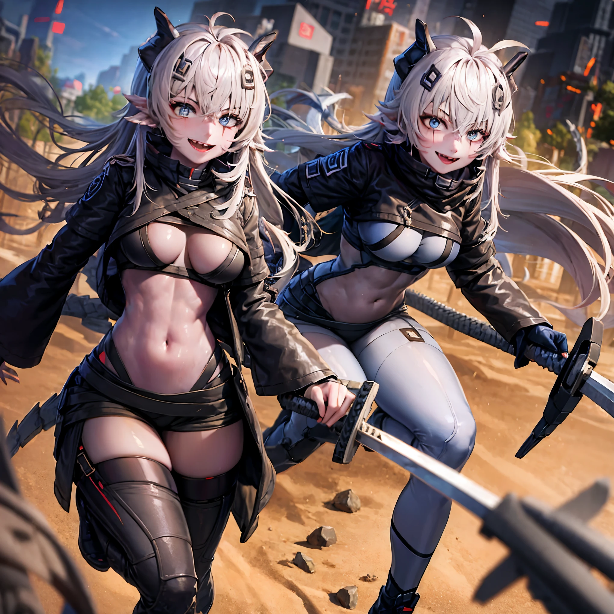 masterpiece, shoulder length white hair, female, 2 white fox ears, teenage girl, slime body, white scale dragon tail, military boots,black leggings, military combat pants, black T-shirt, white jacket open, medium size chest, detailed blue eyes,solo female,1 dragon tail, tomboyish, thick dragon tail, white scales, 2 dragon wings, white fluffy dragon wings, detailed face, holding a katana sword,very detailed, amazing details,solo female