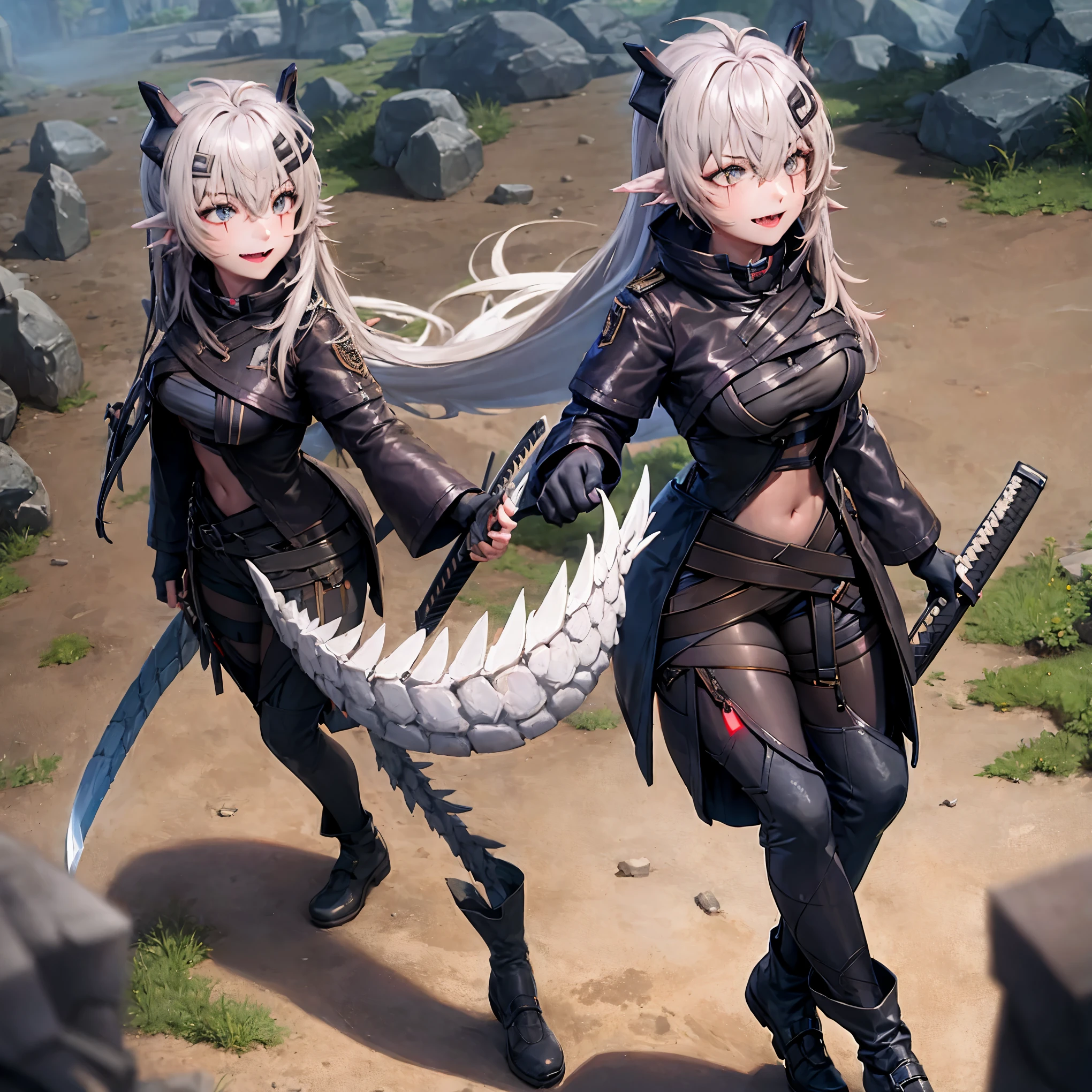 masterpiece, shoulder length white hair, female, 2 white fox ears, age girl, slime body, white scale dragon tail, military boots,black leggings, military combat pants, black T-shirt, white jacket open, medium size chest, detailed blue eyes,solo female,1 dragon tail, tomboyish, thick dragon tail, white scales, 2 dragon wings, white fluffy dragon wings, detailed face, holding a katana sword,very detailed, amazing details,solo female