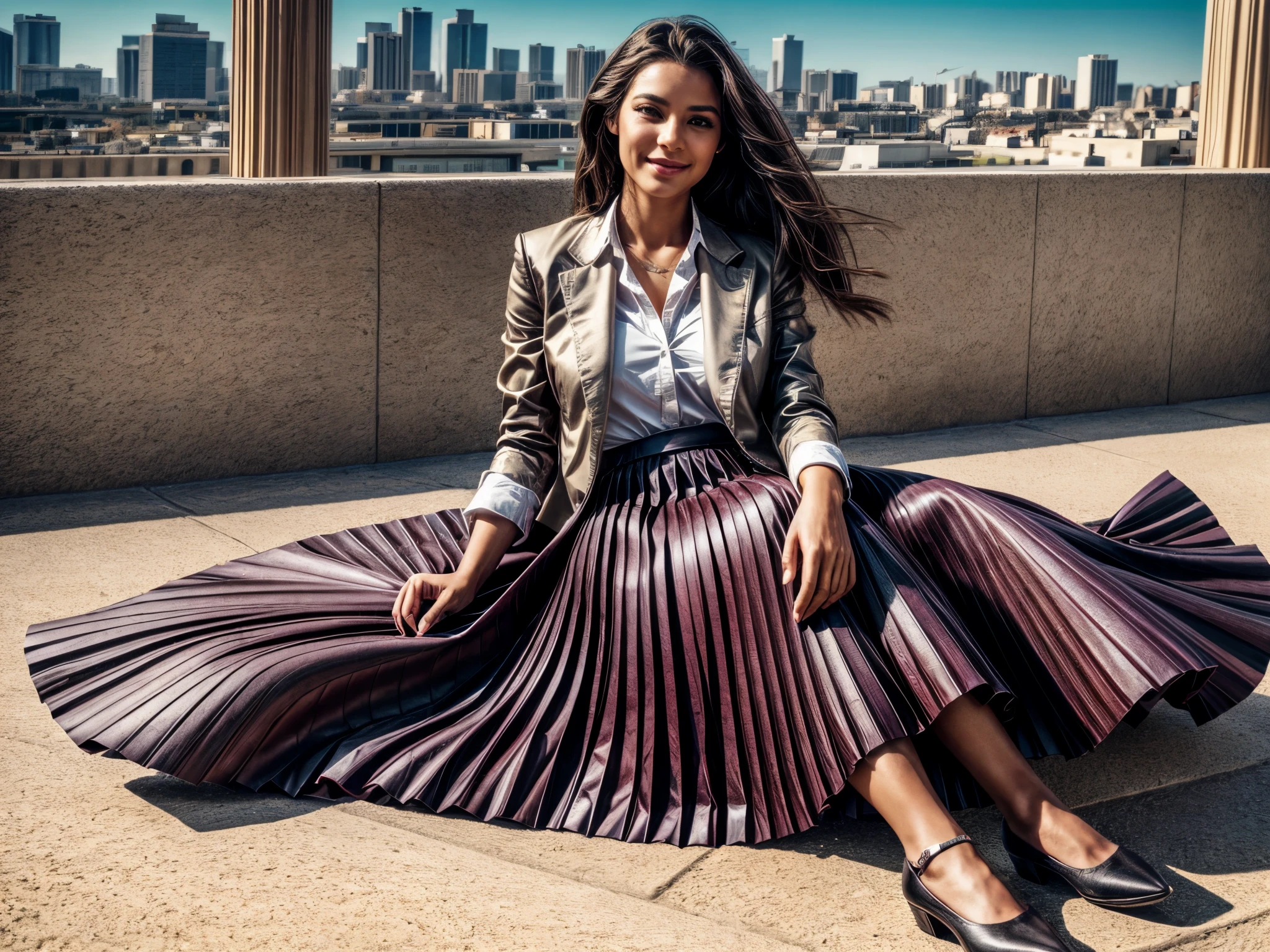 A smiling, authentic, (shy:1,3), kind, beautiful woman, in love with her skirt, while wind lifts her skirt, wearing short blazer and very very detailed (long (fully pleated) full circle skirt) and (simple) low heeled office shoes, very very intricate hyper-detailed symmetric (attractive graceful young feminine face) with (sad, tired eyes and a shy smile), large breasts, full of empathy and compassion and love, (pronounced (feminine) features), (highly detailed ultra accurate realistic) hands and fingers, (windy), epic composition, highly detailed attributes, (35mm f1.4 Kodak portra 400 photograph), extremely high quality RAW photograph, highly detailed atmosphere, sci-fi, cinematic shot, dynamic lighting, 75mm, Technicolor, Panavision, cinemascope, sharp focus, fine details, 8k, HDR, realism, realistic, key visual, film still, superb cinematic color grading, depth of field