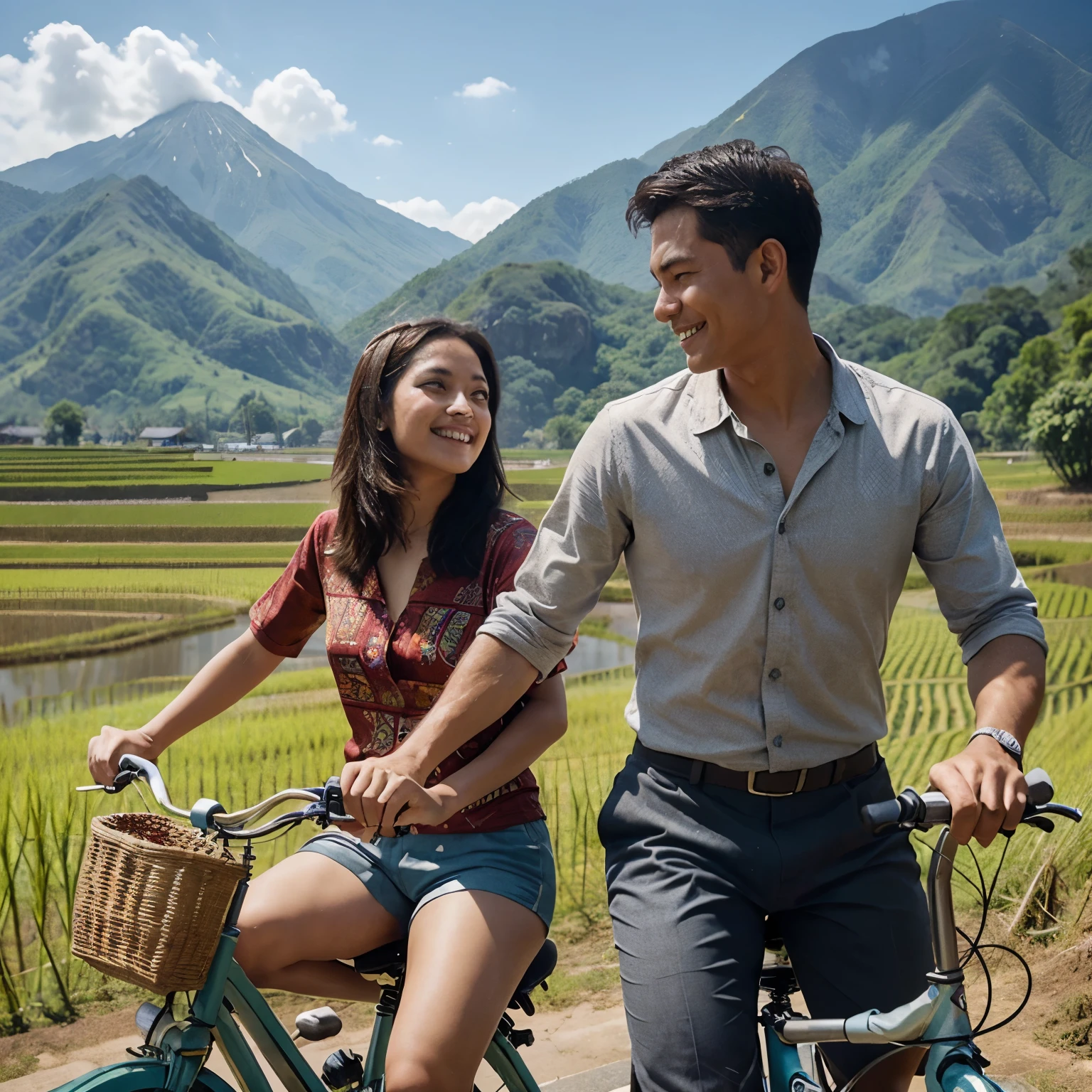 depict with detail and cinematic effect, a young couple riding a bicycle, a bicycle driven by a man, a woman sitting in a slanted position not facing forward behind the man, a woman wearing batik-patterned jarik cloth bottoms, a man wearing plain shorts. location in the rice fields, the picture was taken from a distance. they looked happy and bantering. background view of Mount Lawu in a sunny afternoon, cinematic, detailed.