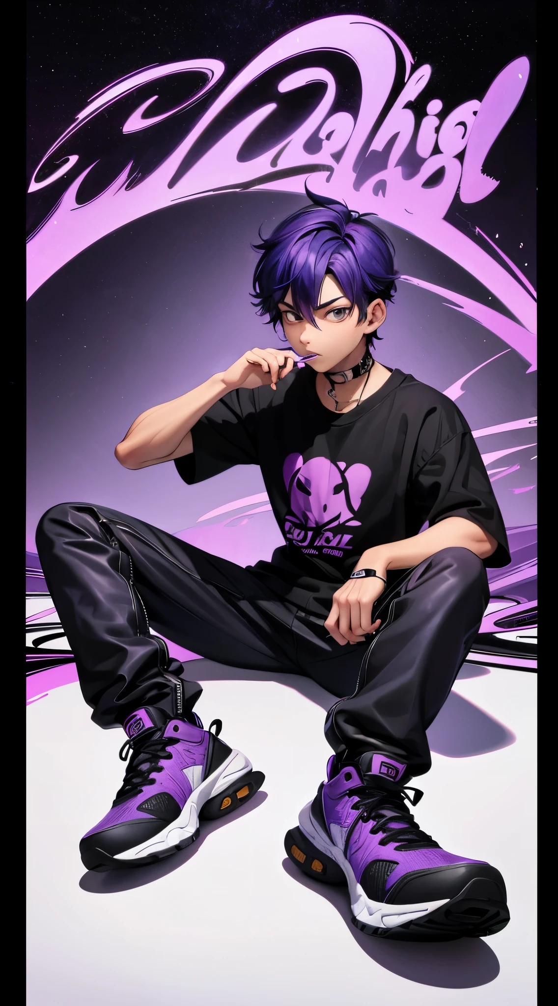 young boy with black and purple hair, running and smoking a blunt with cup of purple drink spilling out, hip-hop album cover, simplistic, smoke, 2D, unreal, Akira style Art Style, cartoon style illustration, simple cartoon style , world on fire purple smoke