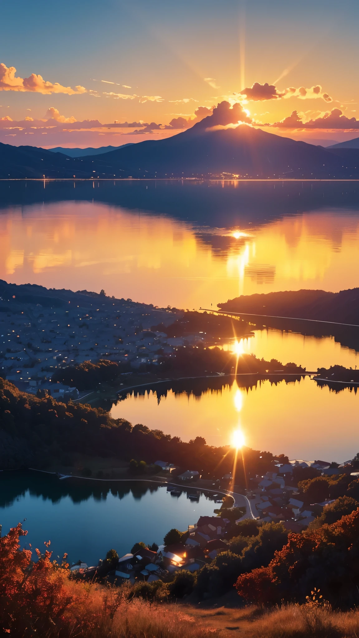 Masterpiece, best quality, 8k, sunset, golden hour, your name movie vibes, sunrays, a hint of orange and red is mixed with a bit of blue light,scenery, the environment feels as if it is glowing, the sun is setting over a small town with a lake in the middlw of it,