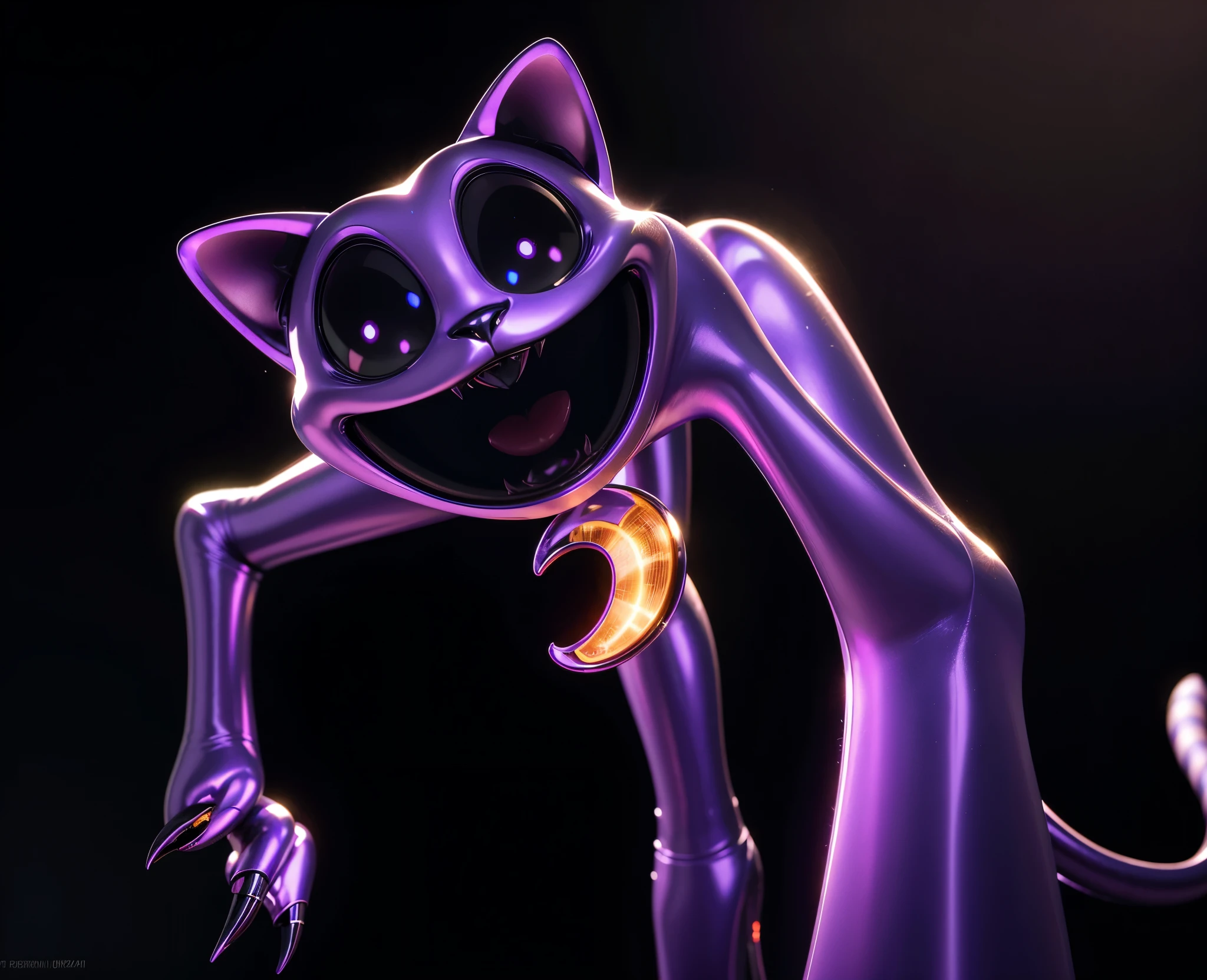 a close up of a creepy 3d cartoon cat with a tail, purple cat, nightmare render, with glowing dark eyes, cat from the void, anthropomorphic cat, purple glowing eyes, cheshire cat, evil., close up of a 3d glossy cartoon cat, purple cat toy, glossy texture, smooth 3d model, multiple light sources, rim light, sharp post effects render, (glossy metallic texture with multiple big light probe refractions), perfect cgi, anthropomorphic cat, digital art, detailed digital art, reflective, best quality, 4k, masterpiece:1.2, ultra-detailed, realistic, vivid colors, dark and moody lighting, The image of the highest quality, ensuring every detail showcased perfectly. It in 4k resolution, allowing viewers to immerse themselves in the richness of the colors and intricate details. The realistic rendering. under the spotlight, reflecting, high-resolution image, realistic rendering, dark background, and rim light