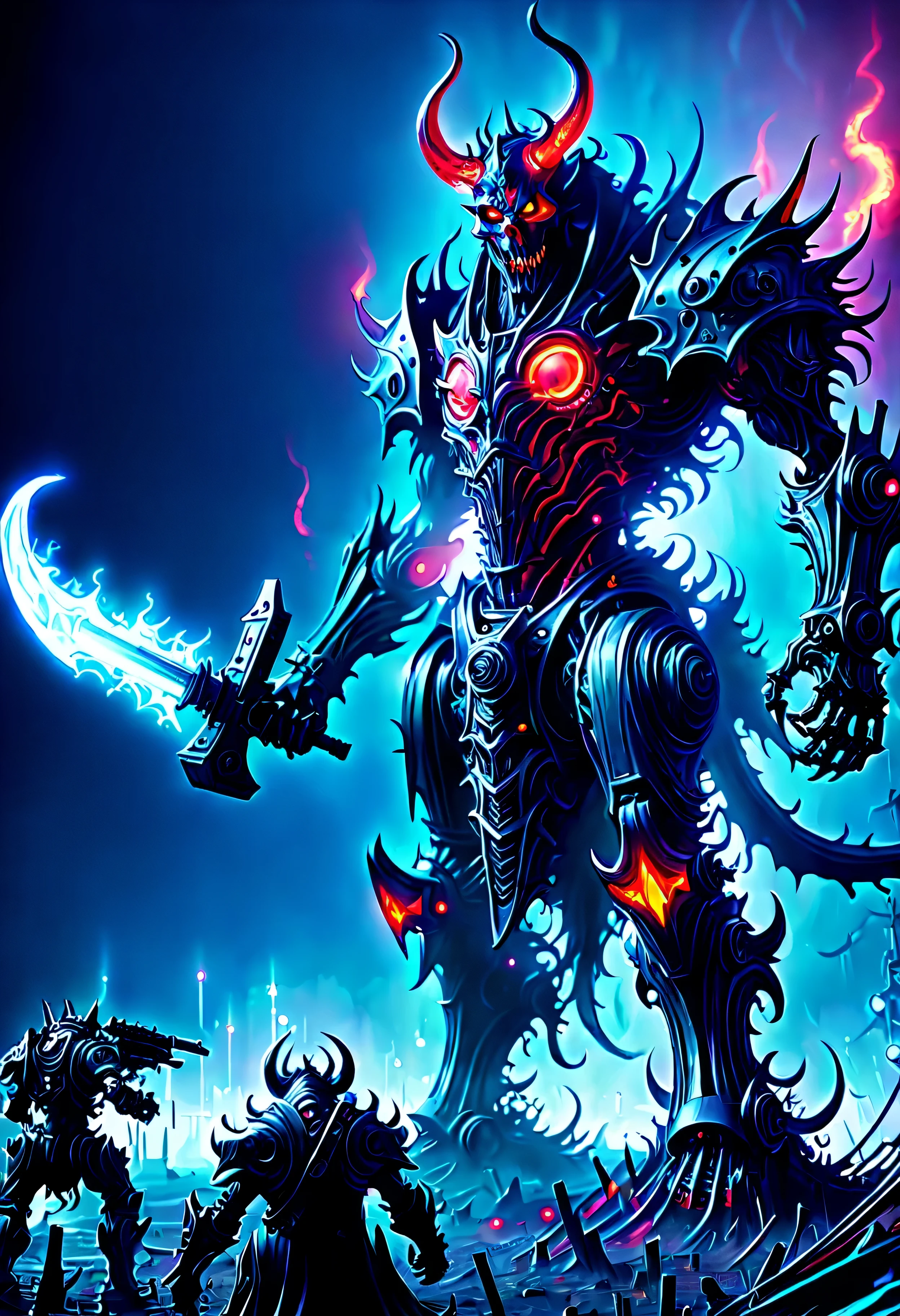 (Demon battlefield背景:1.8),On the war zone,There are a lot of wars,Gunsmoke fills,Demon battlefield,Mechanical Lich King,Lich King future weapons,mechanical structure,High-tech equipment,magical beings,cyberpunk,Holographic projection,fault art,mechanical aesthetics,neon lights,laser light,fluorescence,glow effect,liquid metal,Copper plate engraving,Unreal Engine
