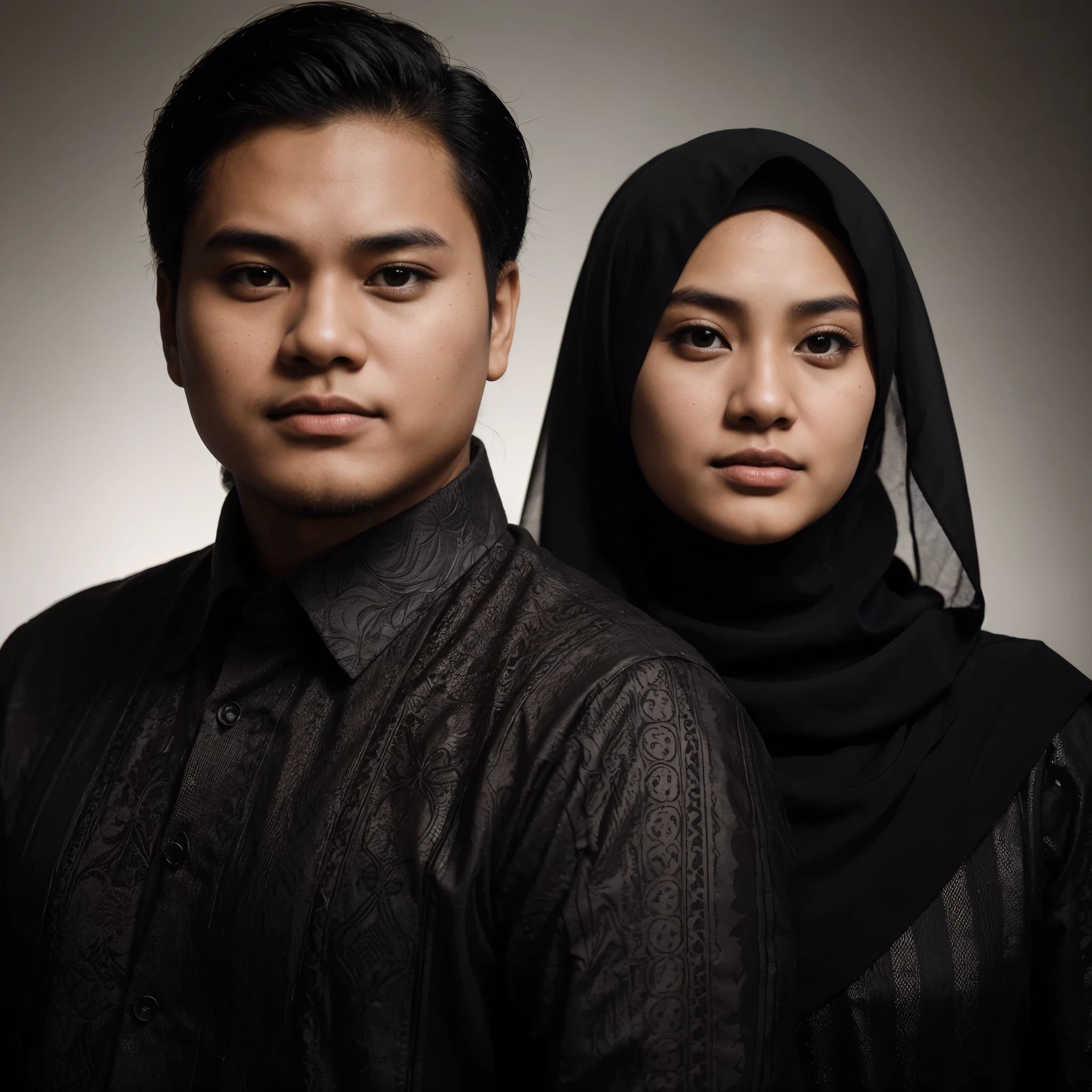 art photography of a husband and wife from Indonesia, a young Indonesian man chuby face aged 21 years, black hair, neat slide back, wearing a black batik shirt, chuby body, brown skin, 20 year old woman wearing a hijab, wearing black Muslim clothes, photographed using a MAMIYA leaf credo 645DF + camera Studio Lighting, abstract background, realistic, full HD, full shoot