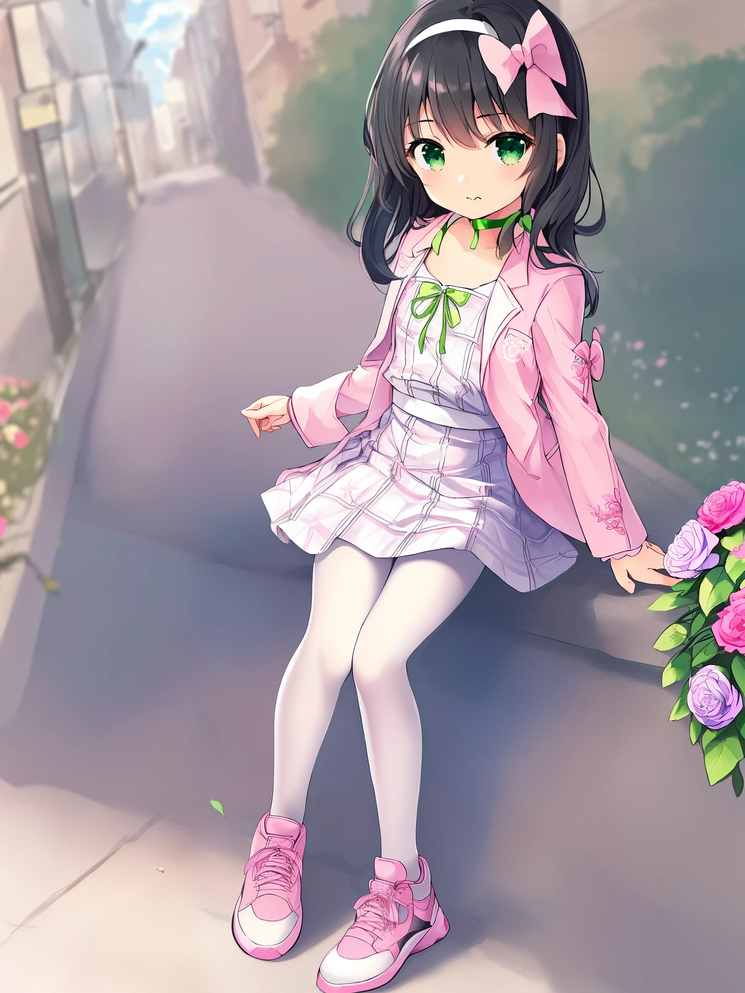 1 girl, solo, masterpiece, best quality, ultra resolution, ultra high details, 8k unity, (anatomically correct:1.3), (petite :1.5), full body, (black hair:1.3), grey eyes, mid-length hair, high quality eyes, high quality hands, (white shirt:1.5), (pink suit jacket with embroidered flowers:1.5), (long sleeves:1.2), (flake sleeves:1.5), (outfit open:1.6), (white skirt with black plaid:1.5), wide hairband, (pink bow:1.3), (white pantyhose:1.3), (pink white sports shoes:1.2), (green choker:1.5), (urban lane:1.3), sunny sky, high quality background, detailed background