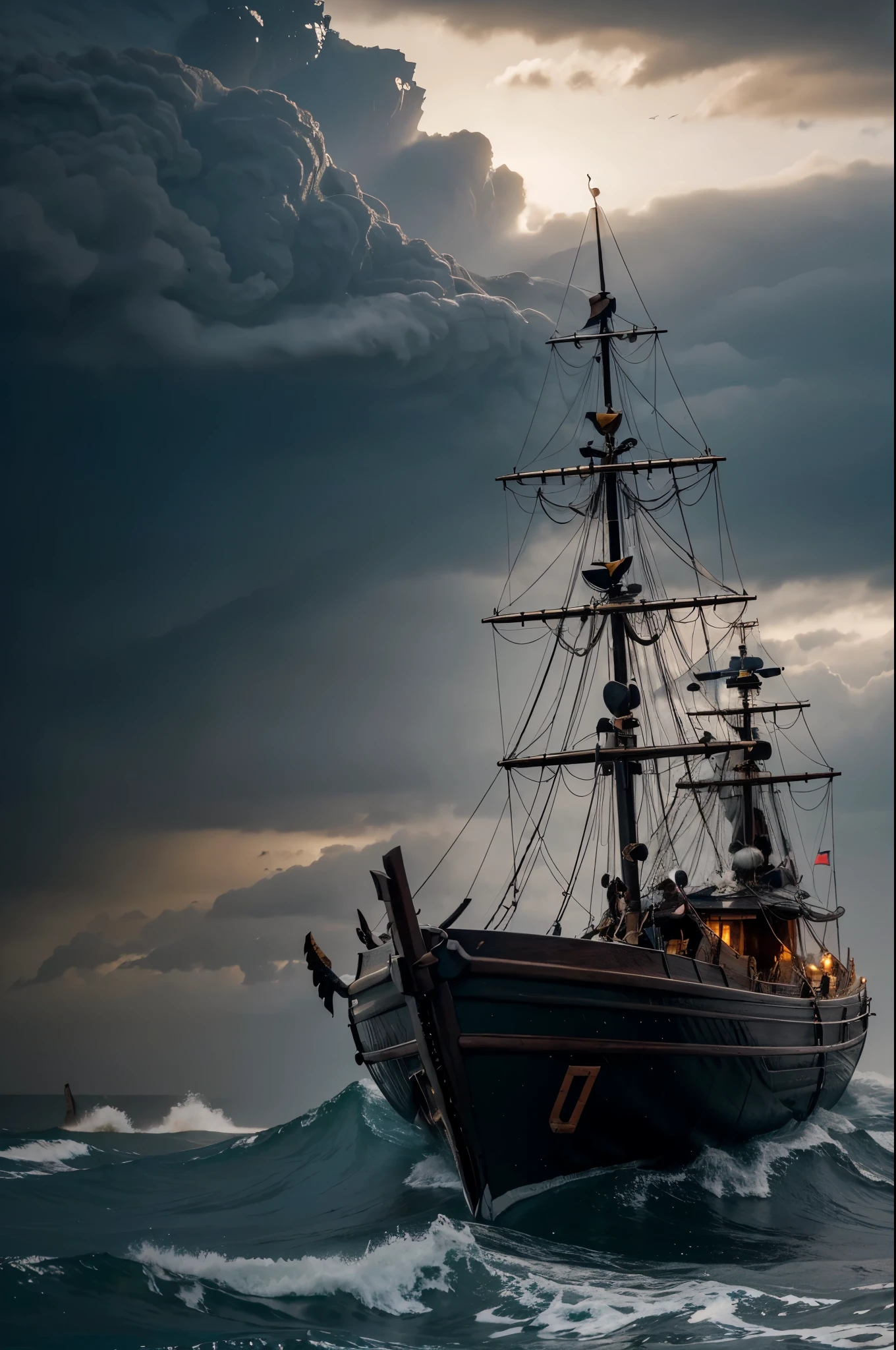 Please generate an image of a sleek Norse Viking Drakkar (longboat) sailing across treacherous seas, with waves crashing against its sturdy hull. Dark vibe, dangerous sea waters, , huge waves, ongoing storm, hyper-realistic image