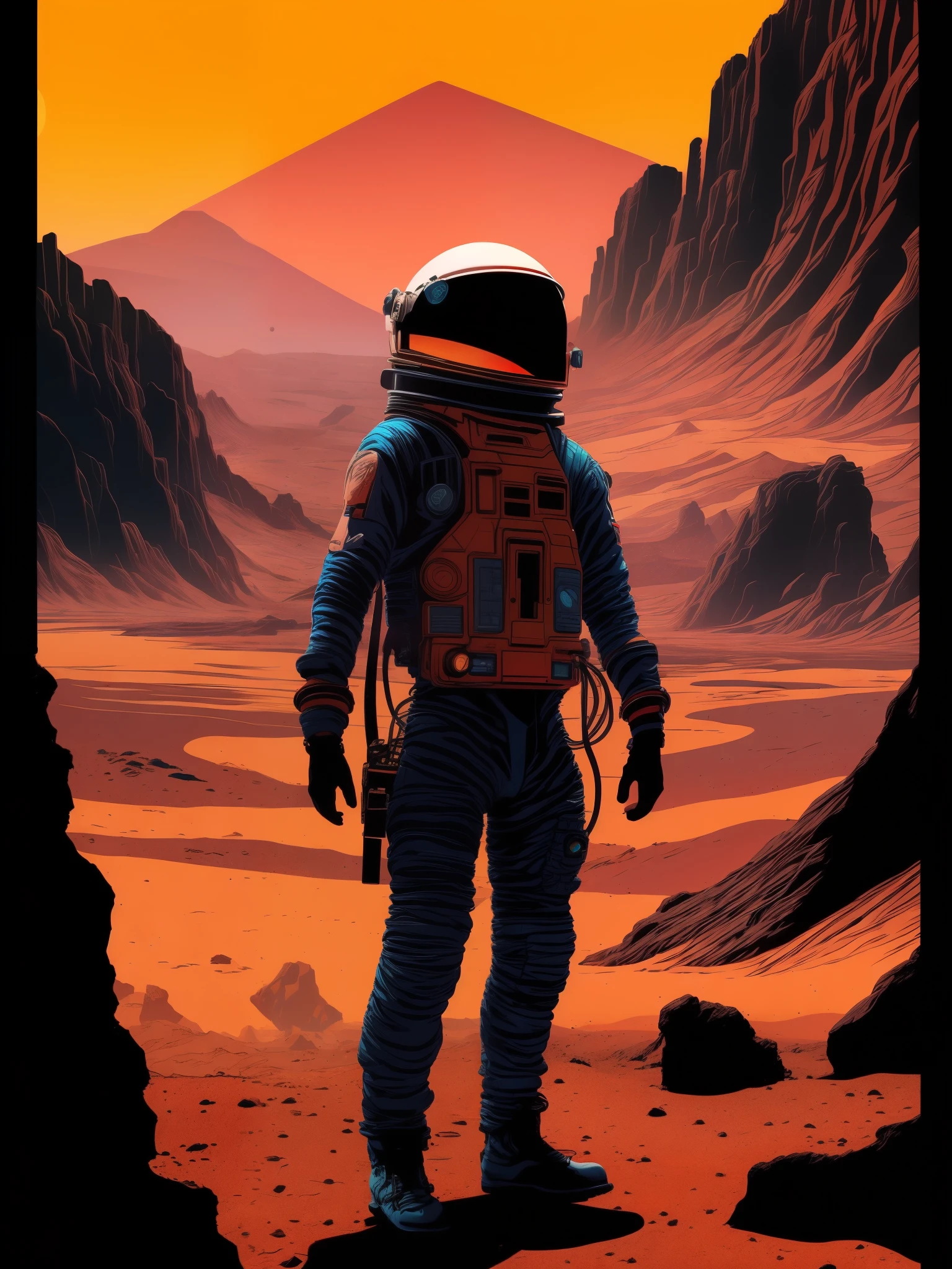 An astronaut exploring the desolate landscape of Planet Mars, surrounded by red rocky terrain and vast open space. The astronaut is dressed in a futuristic spacesuit, with intricate details on the helmet, gloves, and boots. The suit reflects the intense neon colors of the Martian sky as they navigate through the golden ratio composition of the scene. The style of the artwork is reminiscent of anime, with bold lines and vibrant colors inspired by Trigger studio's distinctive visual style. The overall image has a graphical and comic book art vibe, reminiscent of a comic strip or scribble art. The attention to detail is of the highest quality, with a focus on producing an 8K resolution masterpiece. The lighting in the scene highlights the surreal and mysterious nature of the Martian landscape, casting long shadows and creating a sense of depth. This artwork is designed for a t-shirt, making it a wearable piece of art that combines science fiction and anime aesthetics.