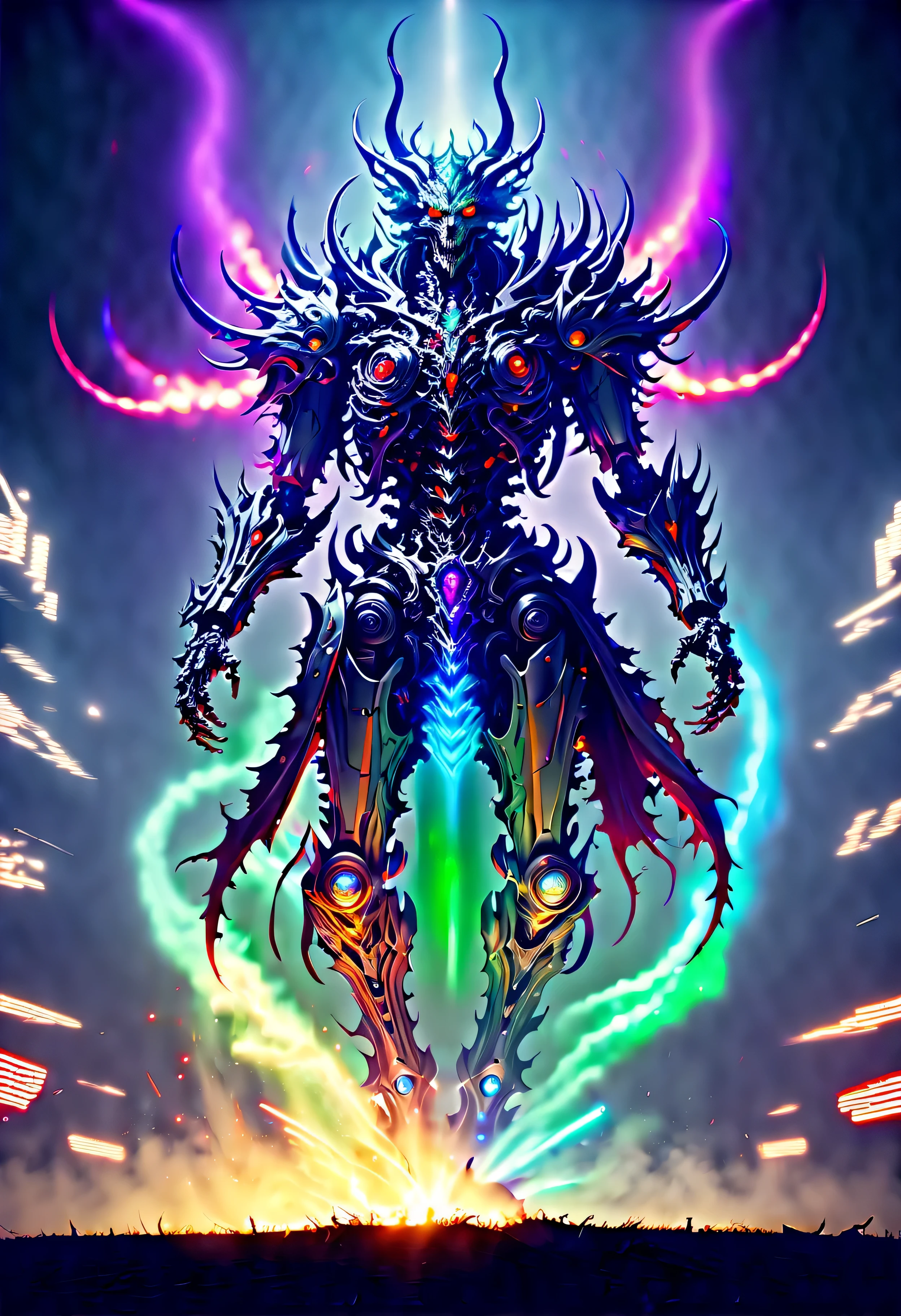 (Demon battlefield背景:1.8),On the war zone,There are a lot of wars,Gunsmoke fills,Demon battlefield,Mechanical Lich King,Lich King future weapons,mechanical structure,High-tech equipment,magical beings,liquid metal,Copper plate engraving,Sci-fi transparent ethereal warrior,Metallic,Retro cyberpunk,Surrealism,The Arthur effect, transparent body, Gradient translucent glass melt, Caustics, transparent glass texture, rainbow colors, Designed by Dietrams, simple, Shining with rich details, Demon battlefield, industrial design, Overclocked renderer, Clean shadows, 4K,cyberpunk,Holographic projection,The art of mathematics,mechanical aesthetics,neon lights,laser light,fluorescence,glow effect,liquid metal,Copper plate engraving,Unreal Engine