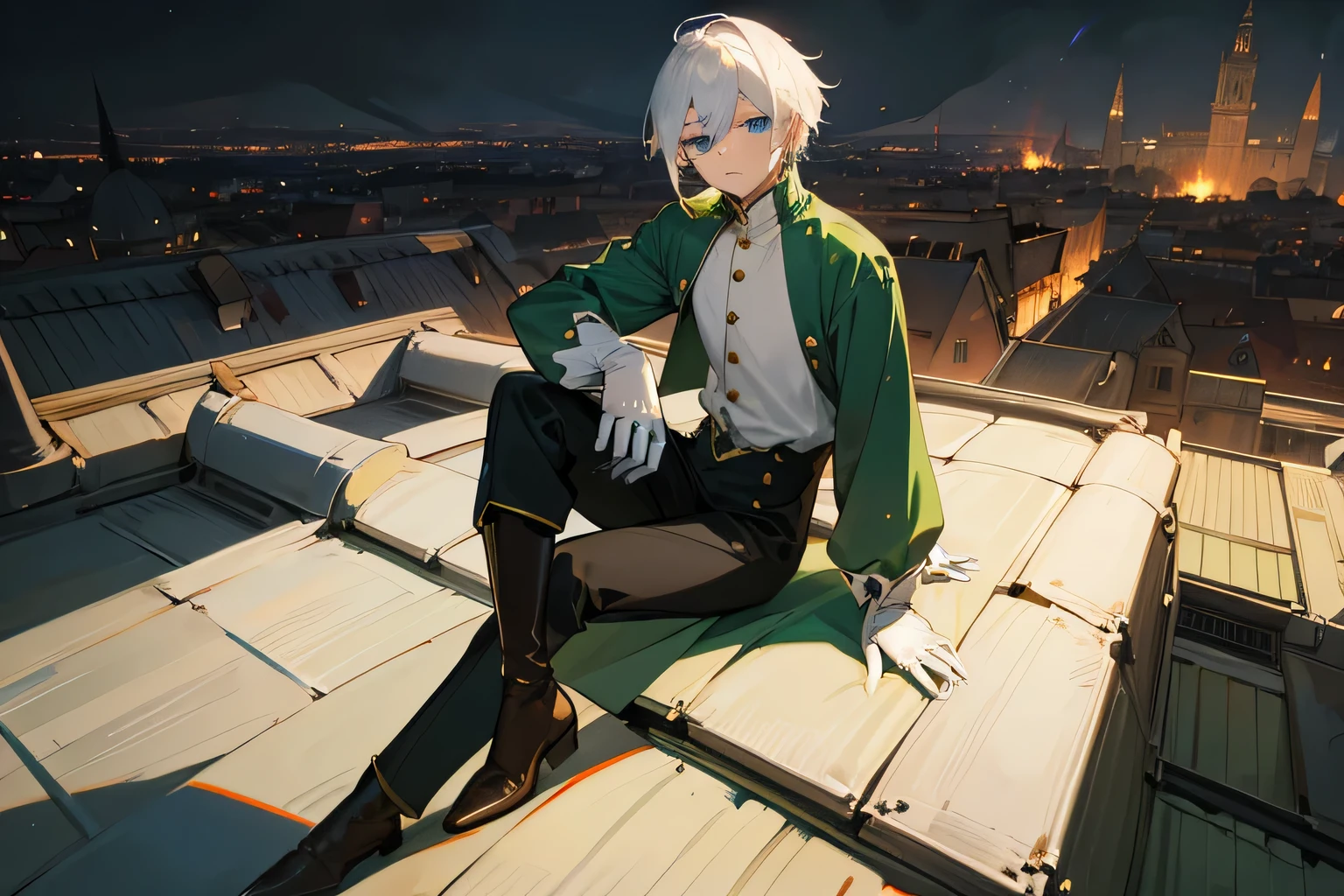 Anime guy with white hair and blue eyes, in a green long medieval doublet, white shirt with gold buttons, long green sleeves, wearing white gloves, black trousers, Brown boots, Sitting on the roof, Against the backdrop of a burning city, At midnight