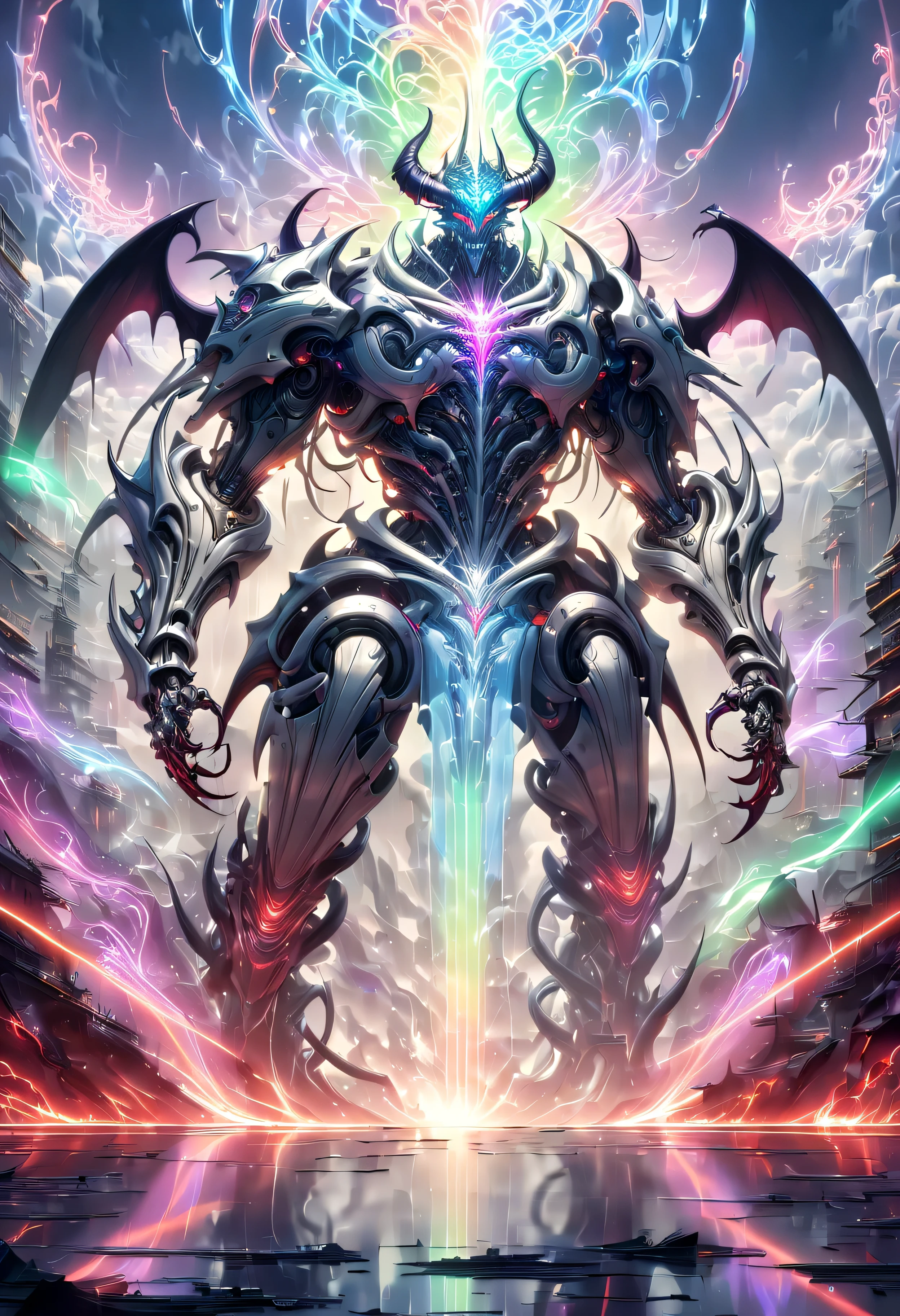 (Demon battlefield背景:1.8)，On the war zone，There are a lot of wars，Gunsmoke fills，Demon battlefield，Mechanical Lich King，Lich King future weapons，mechanical structure，High-tech equipment，magical beings，liquid metal，Copper plate engraving，Sci-fi transparent ethereal warrior，Metallic，Retro cyberpunk，Surrealism，The Arthur effect, transparent body, Gradient translucent glass melt, Caustics, transparent glass texture, rainbow colors, Designed by Dietrams, simple, Shining with rich details, Demon battlefield, industrial design,  Overclocked renderer, Clean shadows, 4K，cyberpunk，Holographic projection，The art of mathematics，mechanical aesthetics，neon lights，laser light，fluorescence，glow effect，liquid metal，Copper plate engraving，Unreal Engine