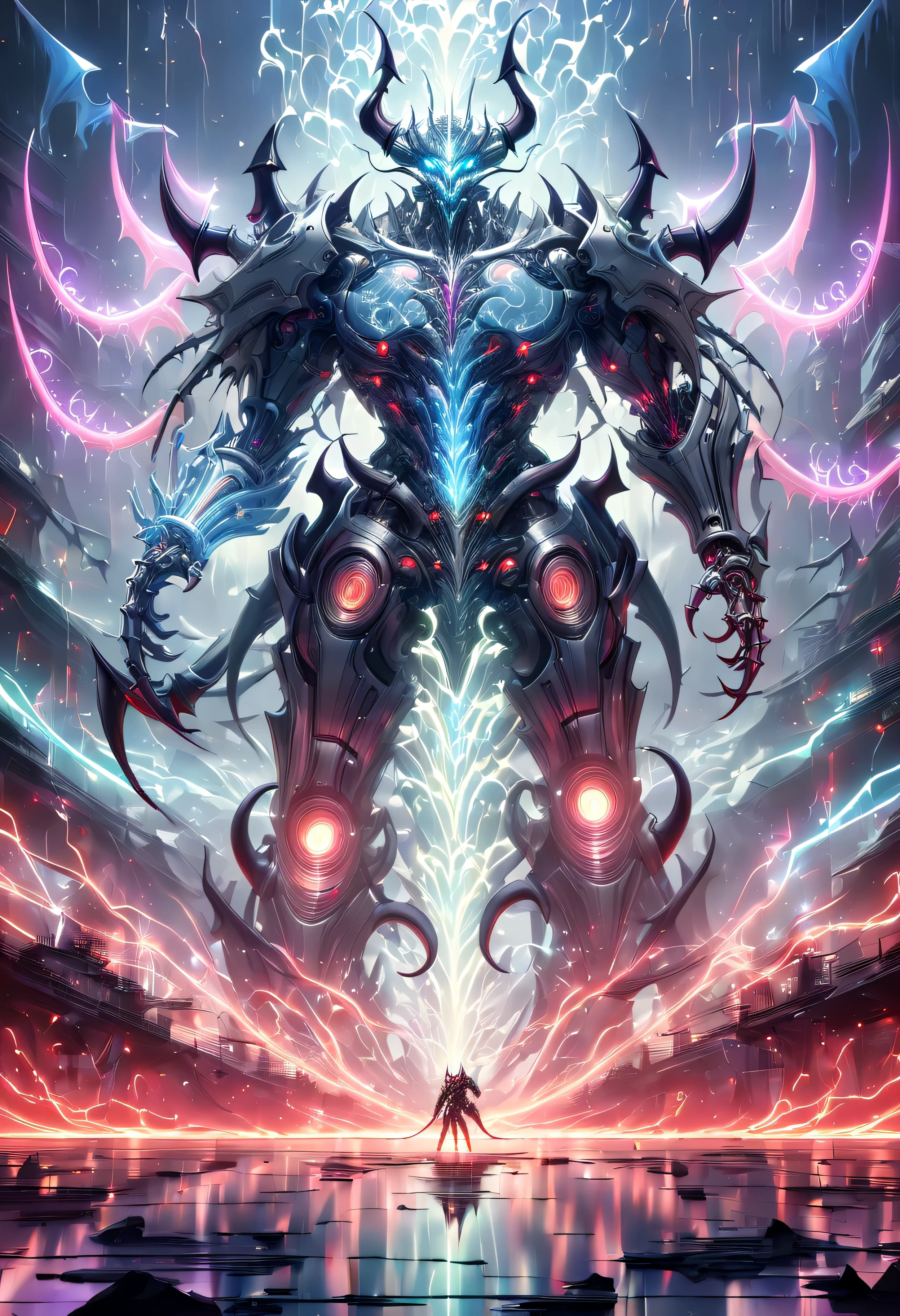 (Demon battlefield背景:1.8),On the war zone,There are a lot of wars,Gunsmoke fills,Demon battlefield,Mechanical Lich King,Lich King future weapons,mechanical structure,High-tech equipment,magical beings,liquid metal,Copper plate engraving,Sci-fi transparent ethereal warrior,Metallic,Retro cyberpunk,Surrealism,The Arthur effect, transparent body, Gradient translucent glass melt, Caustics, transparent glass texture, rainbow colors, Designed by Dietrams, simple, Shining with rich details, Demon battlefield, industrial design, Overclocked renderer, Clean shadows, 4K,cyberpunk,Holographic projection,The art of mathematics,mechanical aesthetics,neon lights,laser light,fluorescence,glow effect,liquid metal,Copper plate engraving,Unreal Engine