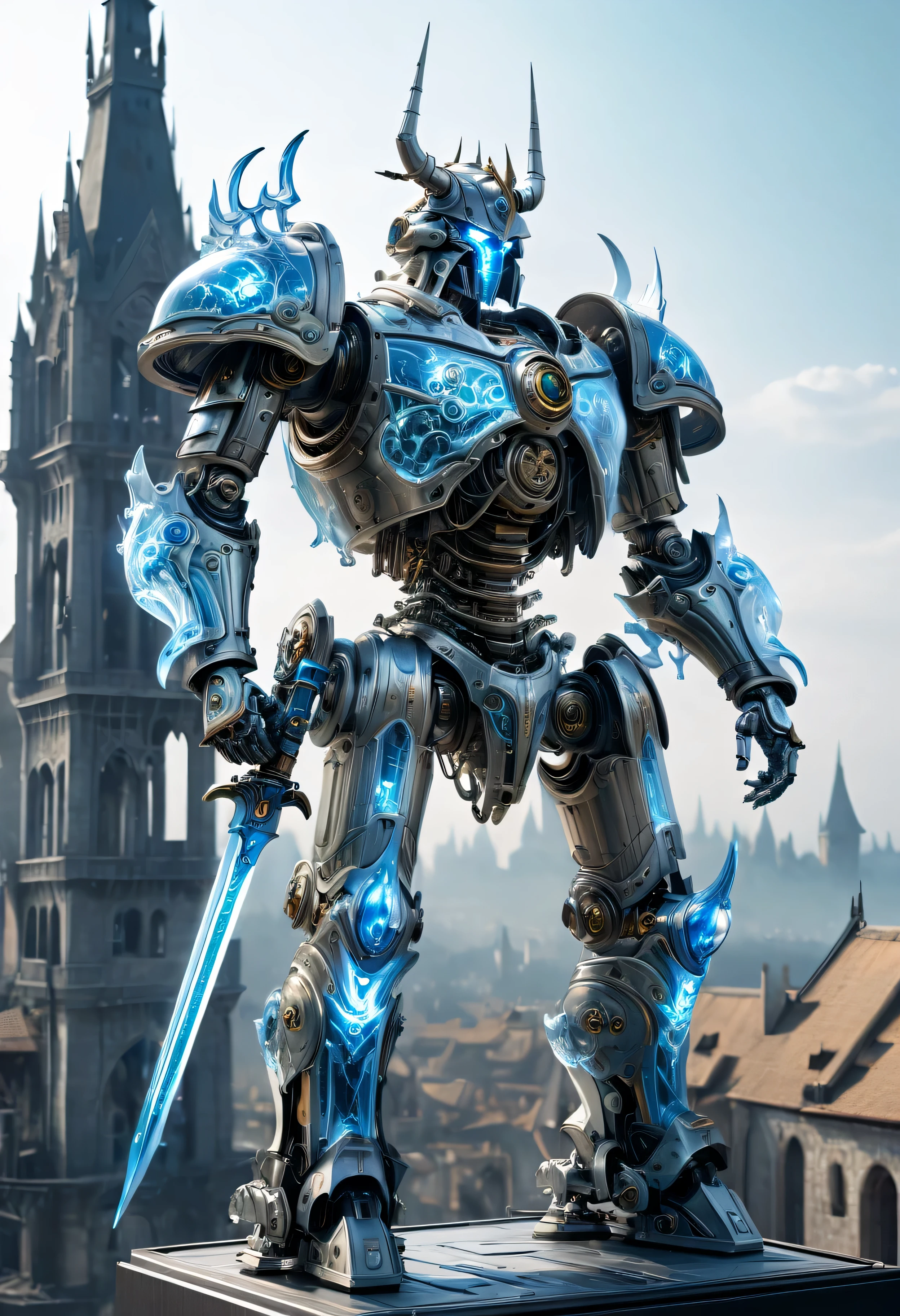 Translucent Ethereal Future Weapon Lich King,metal mechanical surface,Mechanical joint,wearing a mecha,mechanical structure,liquid metal,High-tech equipment,Spectacular high-tech space landscape,The integration of future technology and medieval cities,Medieval ancient palace,Medieval ancient bell tower,medieval antiquity,Translucent Ethereal Future Weapon Lich King,Model shooting style, (Extremely detailed CG unified 8k wallpaper), The beauty of abstract style,,Surrealism, 8k, Super details, best quality, Award-winning, anatomically correct, 16k, Super details,闪闪发光的neon lights,cosmic energy field,neon lights,laser light,fluorescence,space light,glow effect,androgynous lighting,rainbow foil,Unreal Engine,Deep hybrid minimalism,