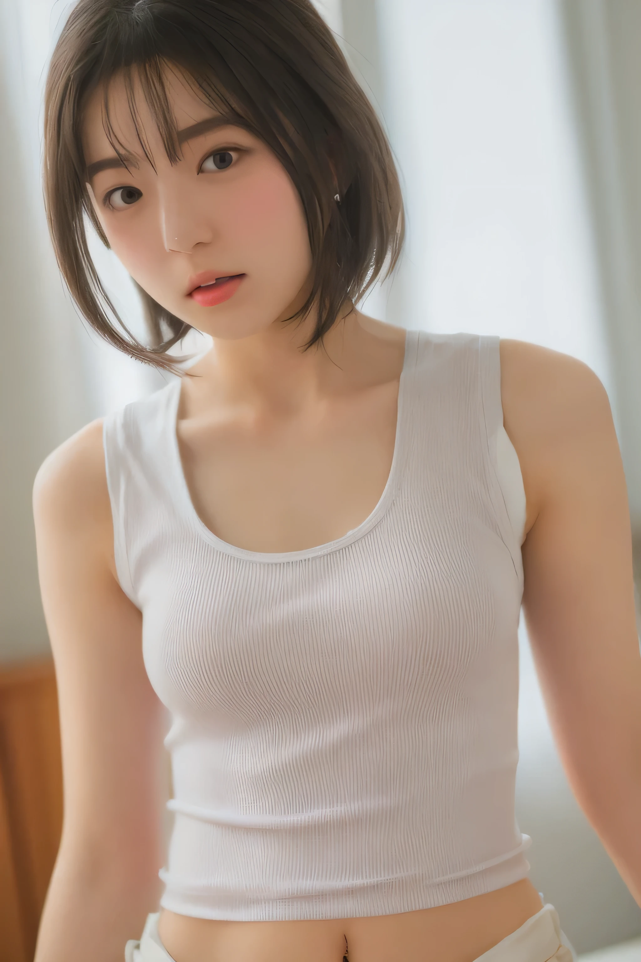 Photo of a Japanese woman wearing white clothes (Tank top:1.4) , (side boob),  cute, Shyness, ************, (((thin sexy clothes:1.4))), black hair, short hair, looking at the viewer, realism, video effects, Volume measurement Lighting, Volume measurement Light, Volume measurement, Natural light, advanced details, detailed and complex, intricate details, high intricate details, Huge amount of details, confused, High resolution, medium shot, single shot, shallow focus, lips, medium breasts,
  