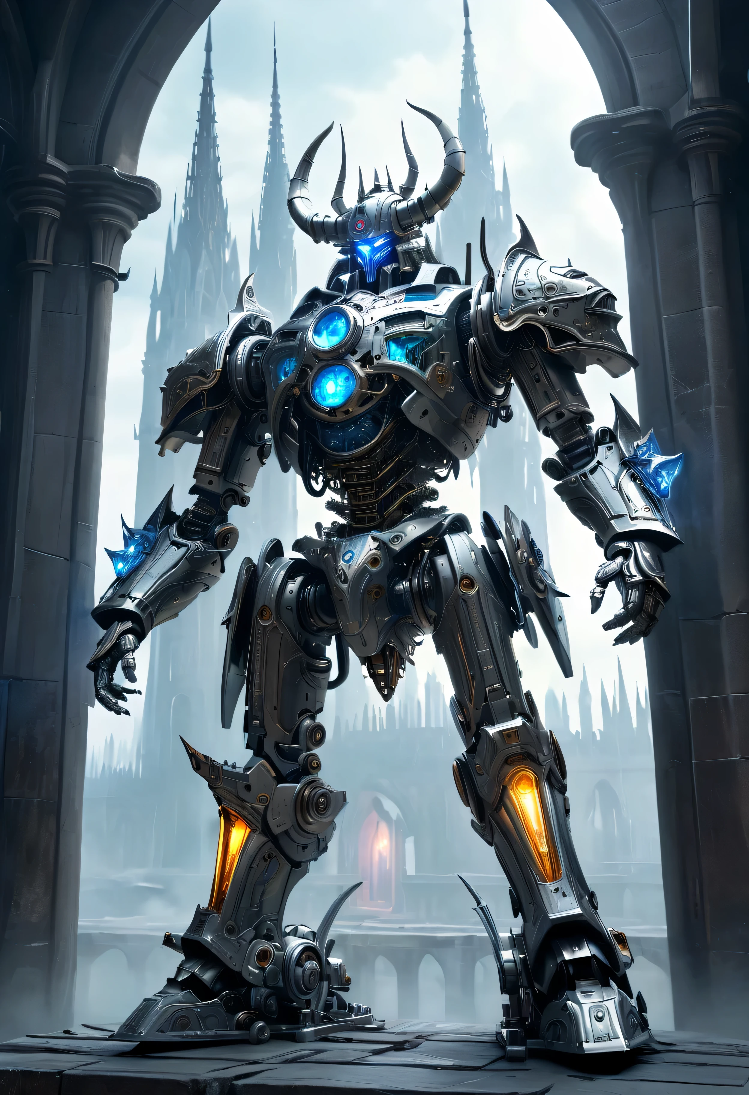Translucent Ethereal Future Weapon Lich King,metal mechanical surface,Mechanical joint,wearing a mecha,mechanical structure,liquid metal,High-tech equipment,Spectacular high-tech space landscape,The integration of future technology and medieval cities,Medieval ancient palace,Medieval ancient bell tower,medieval antiquity,Translucent Ethereal Future Weapon Lich King,Model shooting style, (Extremely detailed CG unified 8k wallpaper), The beauty of abstract style,,Surrealism, 8k, Super details, best quality, Award-winning, anatomically correct, 16k, Super details,闪闪发光的neon lights,cosmic energy field,neon lights,laser light,fluorescence,space light,glow effect,androgynous lighting,rainbow foil,Unreal Engine,Deep hybrid minimalism,