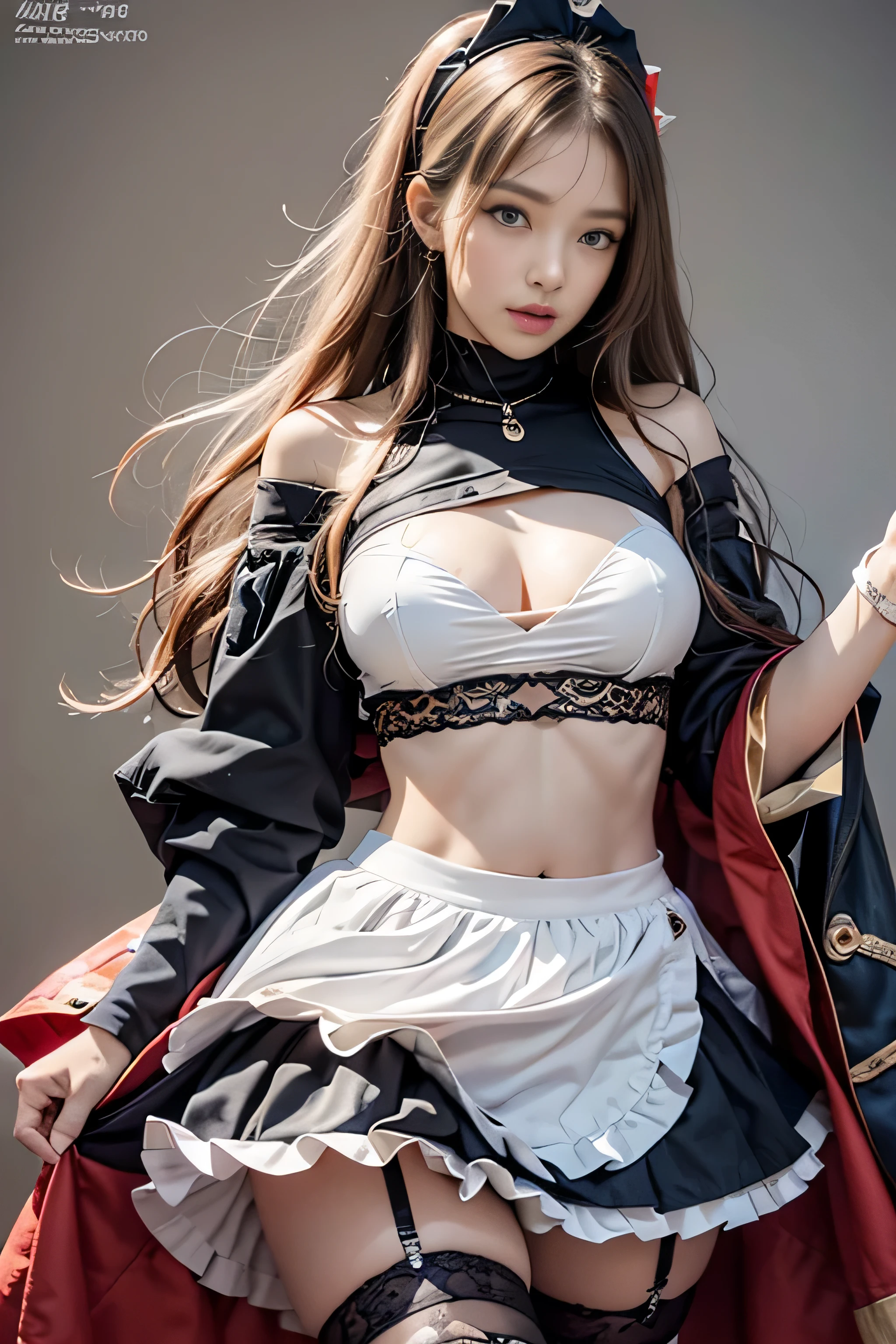 realistic, High resolution, 1 female, alone, hip up, show viewer, (detailed face), gray hair, long hair, Maid clothes, jewelry、)(off shoulder)、(((Raise the skirt to the chest)))、)(Panty shot)((Black lace panties visible)),(Garter and garter belt)