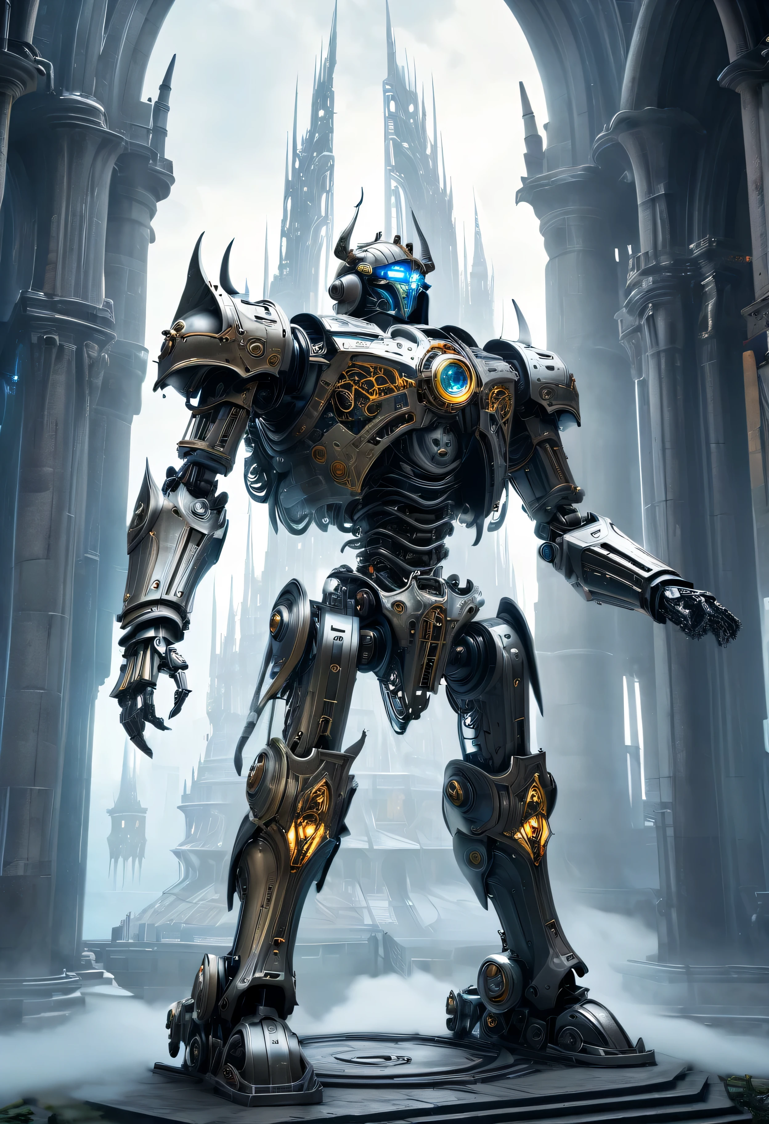 Translucent Ethereal Future Weapon Lich King，metal mechanical surface，Mechanical joint，wearing a mecha,mechanical structure，liquid metal，High-tech equipment，Spectacular high-tech space landscape,The integration of future technology and medieval cities,Medieval ancient palace,Medieval ancient bell tower,medieval antiquity,Translucent Ethereal Future Weapon Lich King，Model shooting style, (Extremely detailed CG unified 8k wallpaper), The beauty of abstract style,，Surrealism, 8k, Super details, best quality, Award-winning, anatomically correct, 16k, Super details,闪闪发光的neon lights,cosmic energy field,neon lights，laser light，fluorescence，space light，glow effect，androgynous lighting，rainbow foil，Unreal Engine，Deep hybrid minimalism，